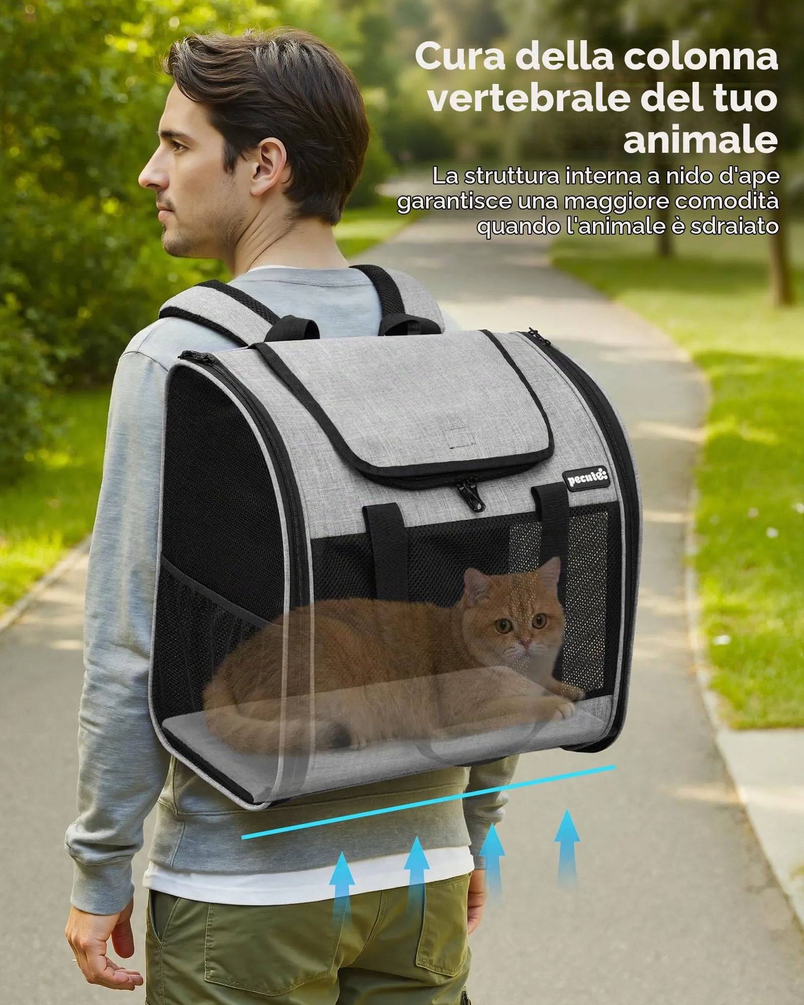 Pecute Zaino per Gatti e Cuccioli Pieghevole, Design Ventilato con Cinghia di Sicurezza, Grigio - immagine 7