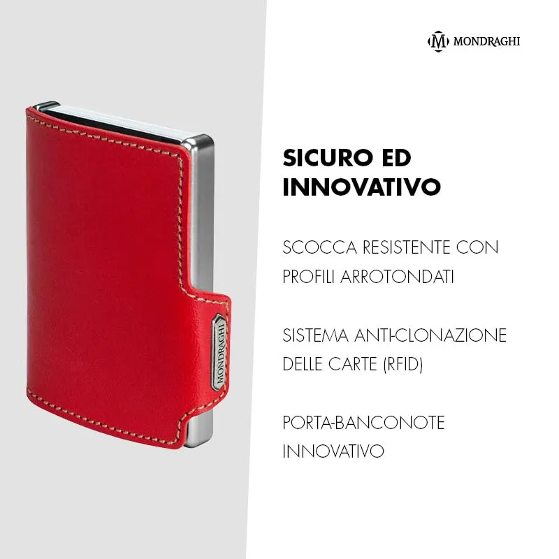 Mondraghi Mini Portafoglio Slim in Vera Pelle, Portacarte e Portatessere RFID, Rosso con Cucitura - immagine 6