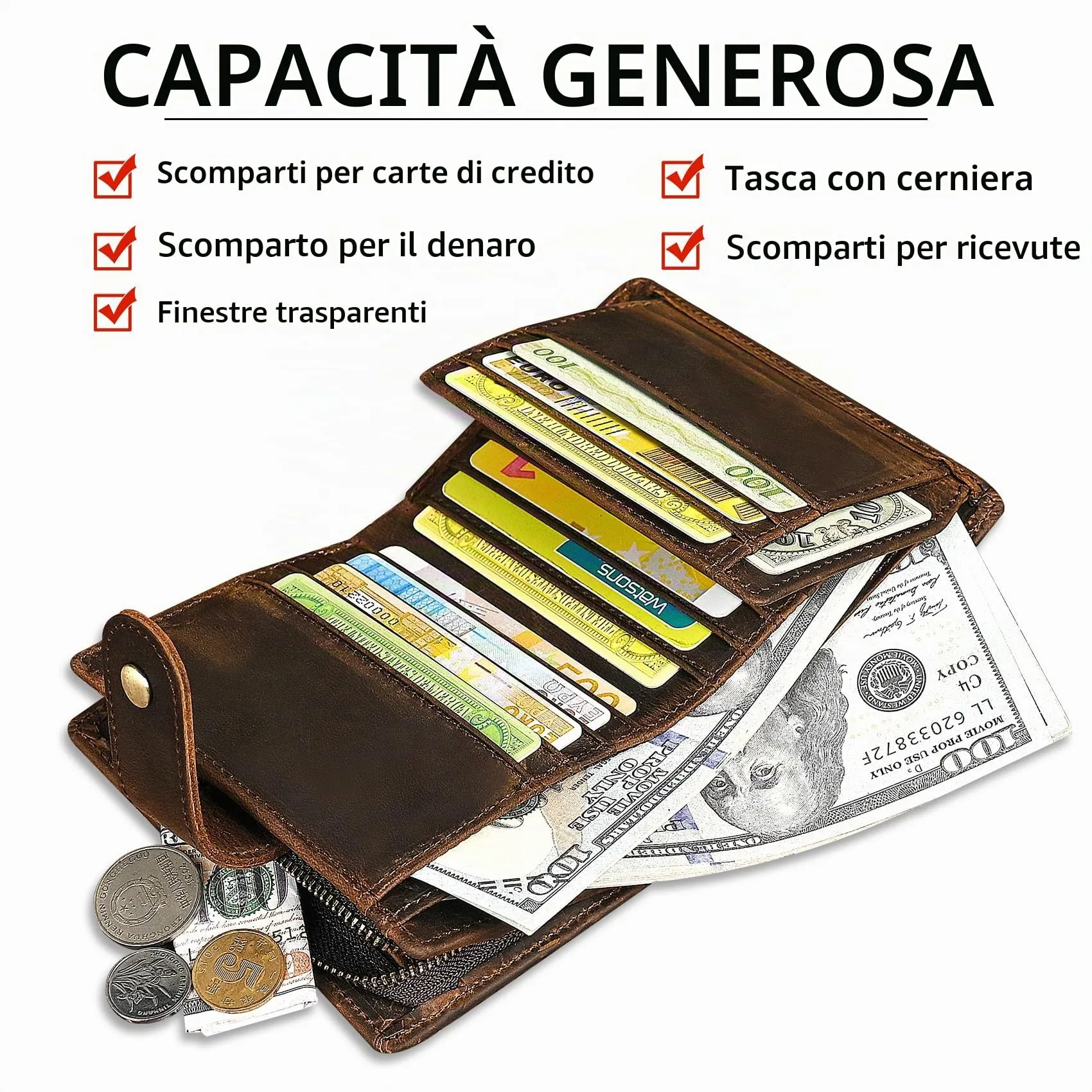 Handadsume Portafoglio in Pelle RFID con Catena e Tasca per Monete per Uomo, Modello 1803, Marrone - immagine 5