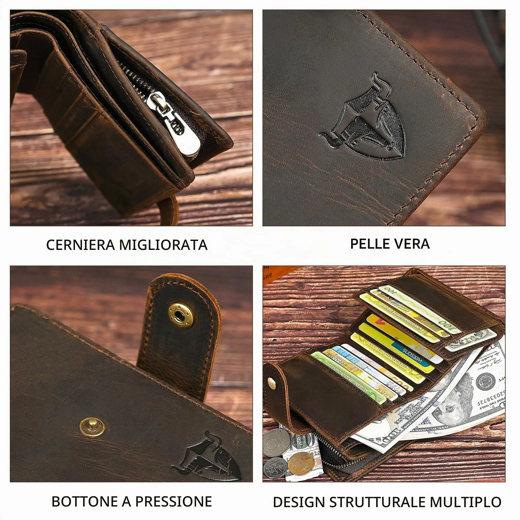 Handadsume Portafoglio in Pelle RFID con Catena e Tasca per Monete per Uomo, Modello 1803, Marrone - immagine 6