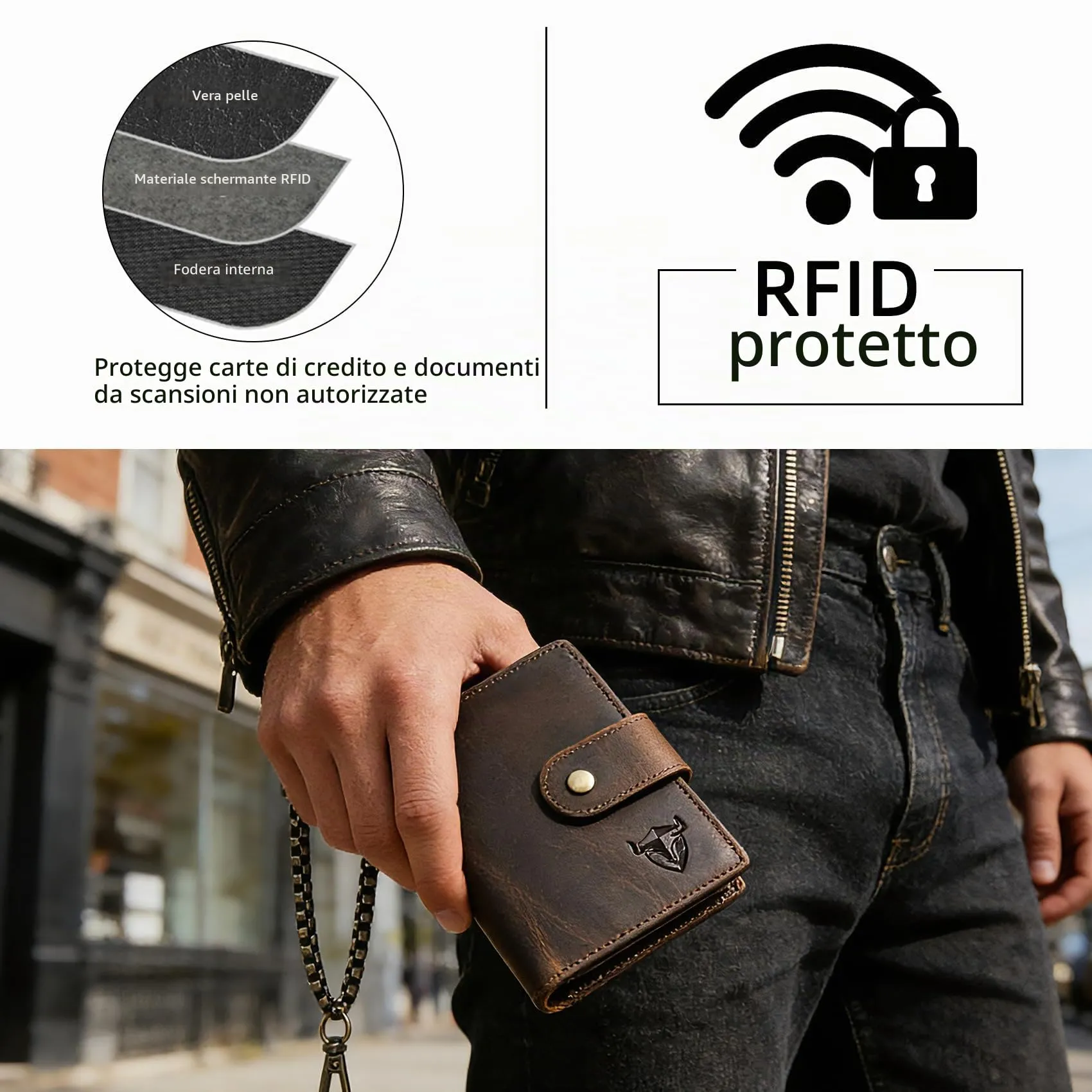 Handadsume Portafoglio in Pelle RFID con Catena e Tasca per Monete per Uomo, Modello 1803, Marrone - immagine 8