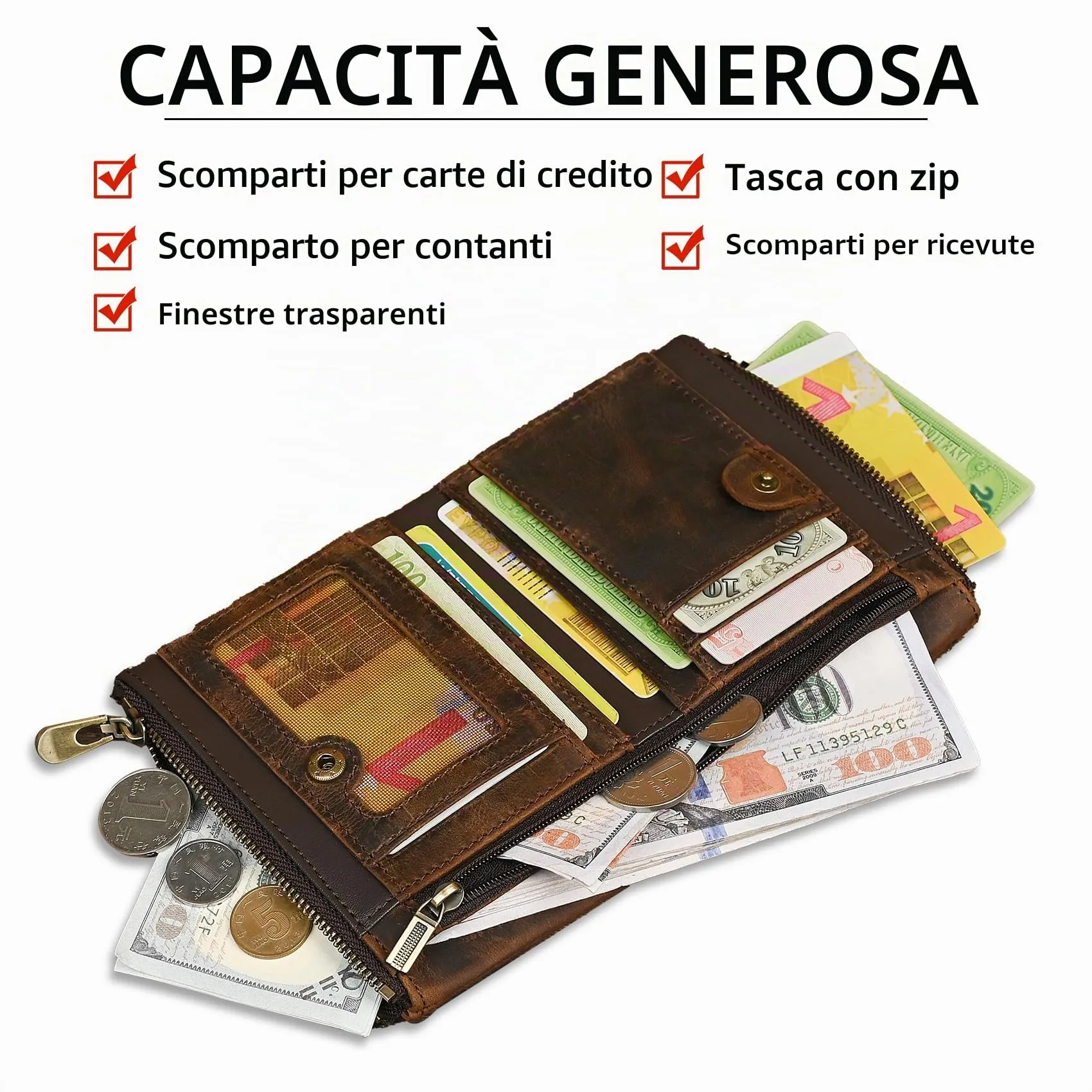 Handadsume Portafoglio in Pelle RFID con Catena e Tasca per Monete, Marrone 1803 - immagine 4