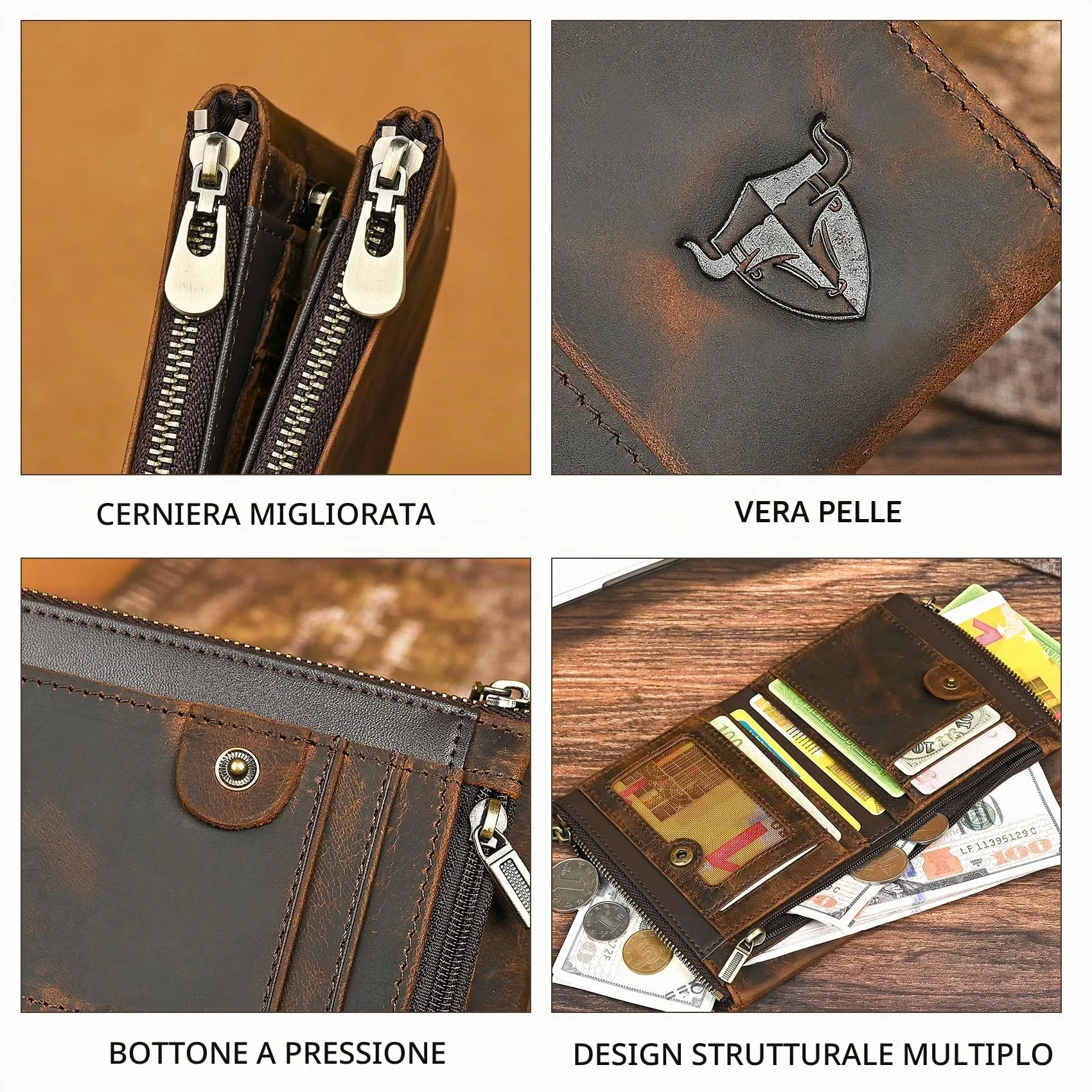 Handadsume Portafoglio in Pelle RFID con Catena e Tasca per Monete, Marrone 1803 - immagine 5