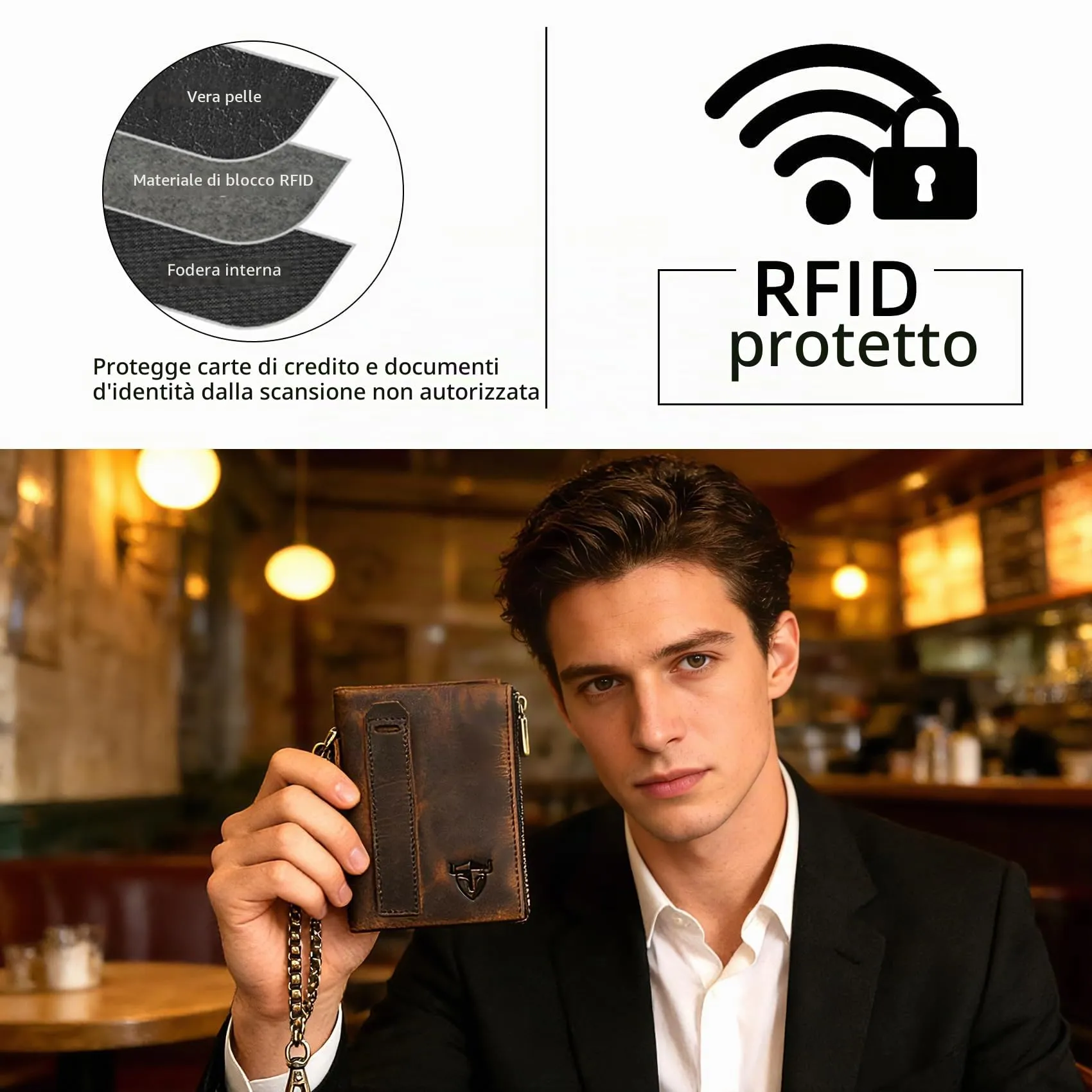 Handadsume Portafoglio in Pelle RFID con Catena e Tasca per Monete, Marrone 1803 - immagine 7