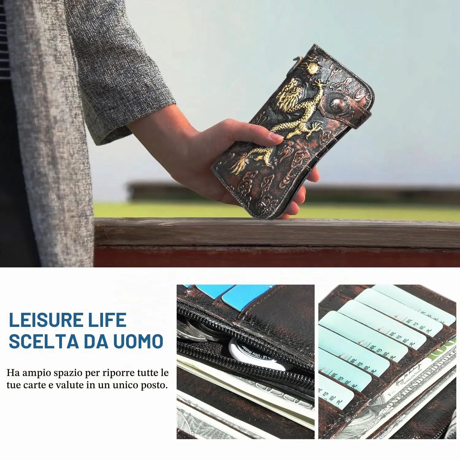 Handadsume Portafoglio in Pelle per Uomo con Blocco RFID e Catena, Modello 1803 (W-1088- Caffè) - immagine 3