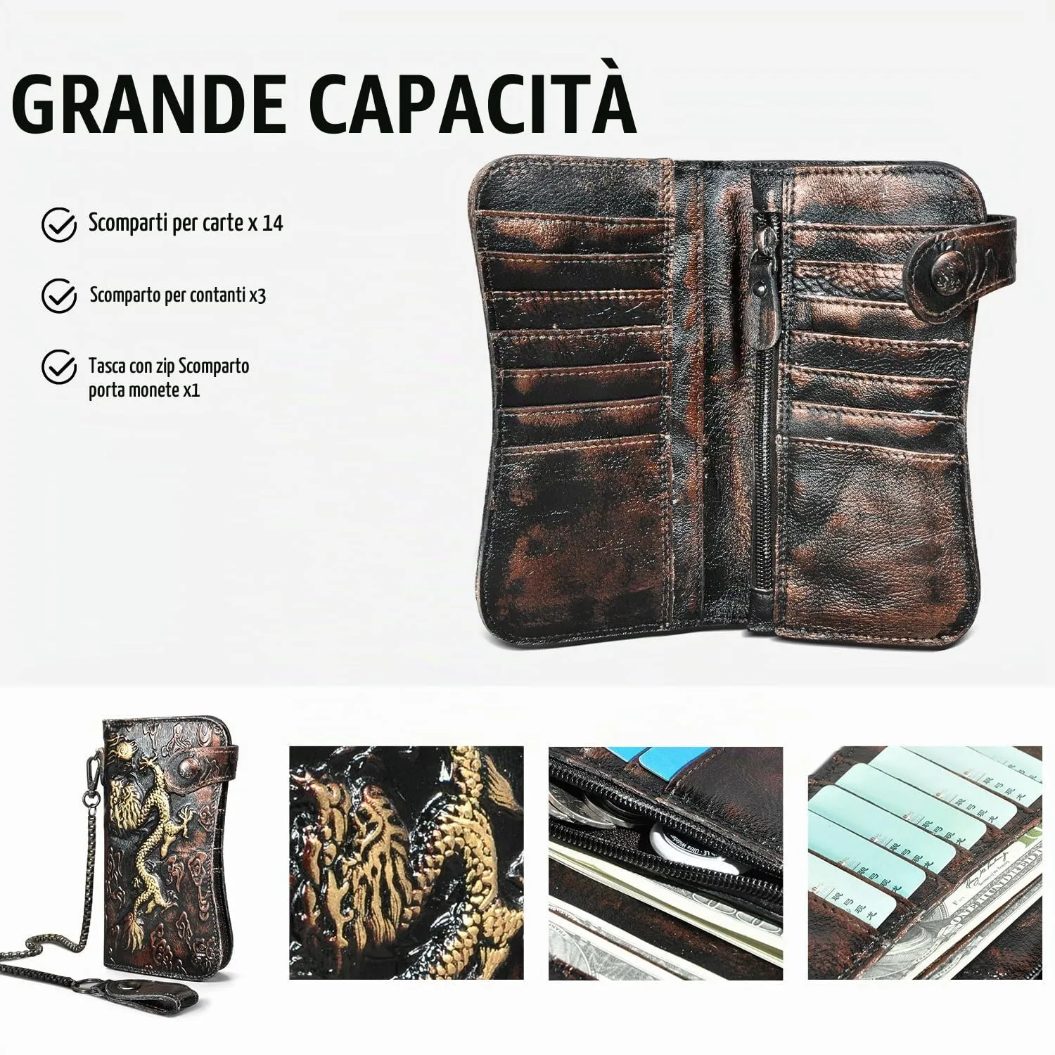 Handadsume Portafoglio in Pelle per Uomo con Blocco RFID e Catena, Modello 1803 (W-1088- Caffè) - immagine 4