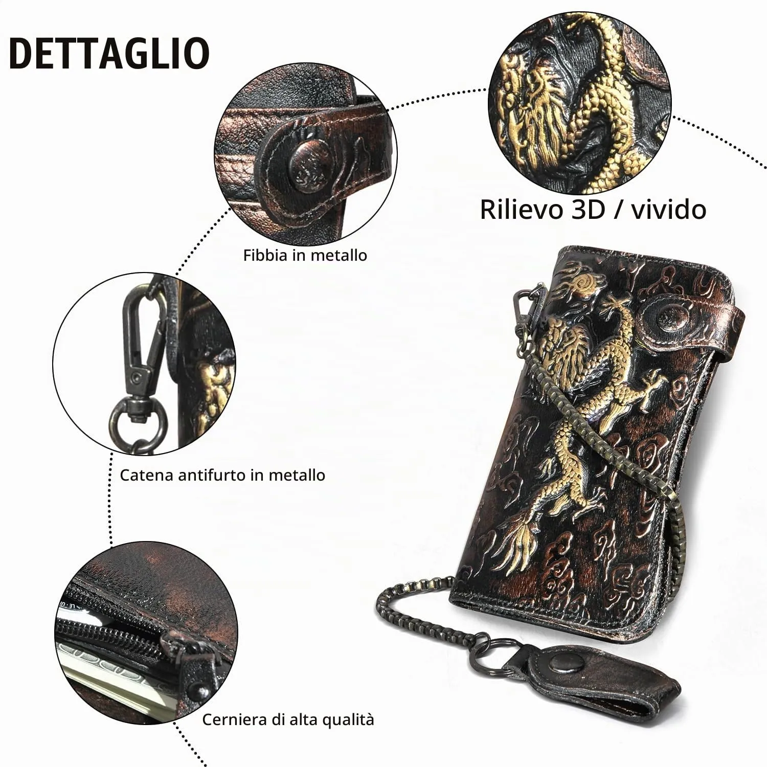 Handadsume Portafoglio in Pelle per Uomo con Blocco RFID e Catena, Modello 1803 (W-1088- Caffè) - immagine 6
