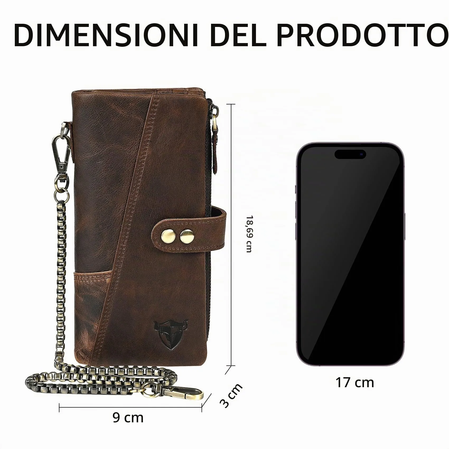 Handadsume Portafoglio in Pelle per Uomo con Blocco RFID e Catena, Modello 1803 Caffè - immagine 2
