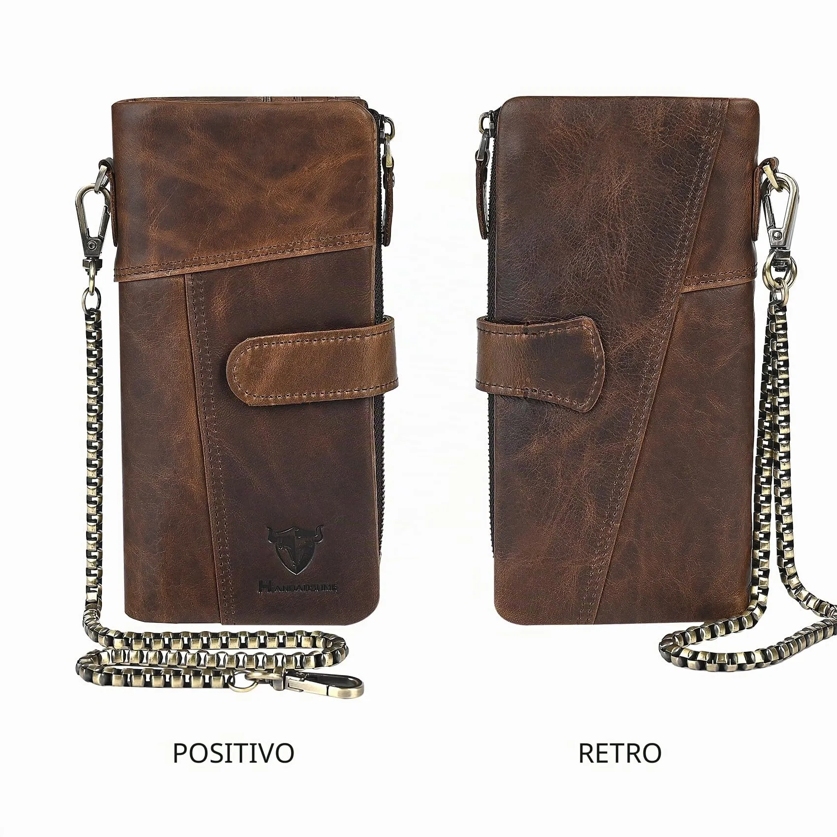 Handadsume Portafoglio in Pelle RFID con Catena e Tasca per Monete per Uomo, Modello 1803, Marrone Chiaro - immagine 2