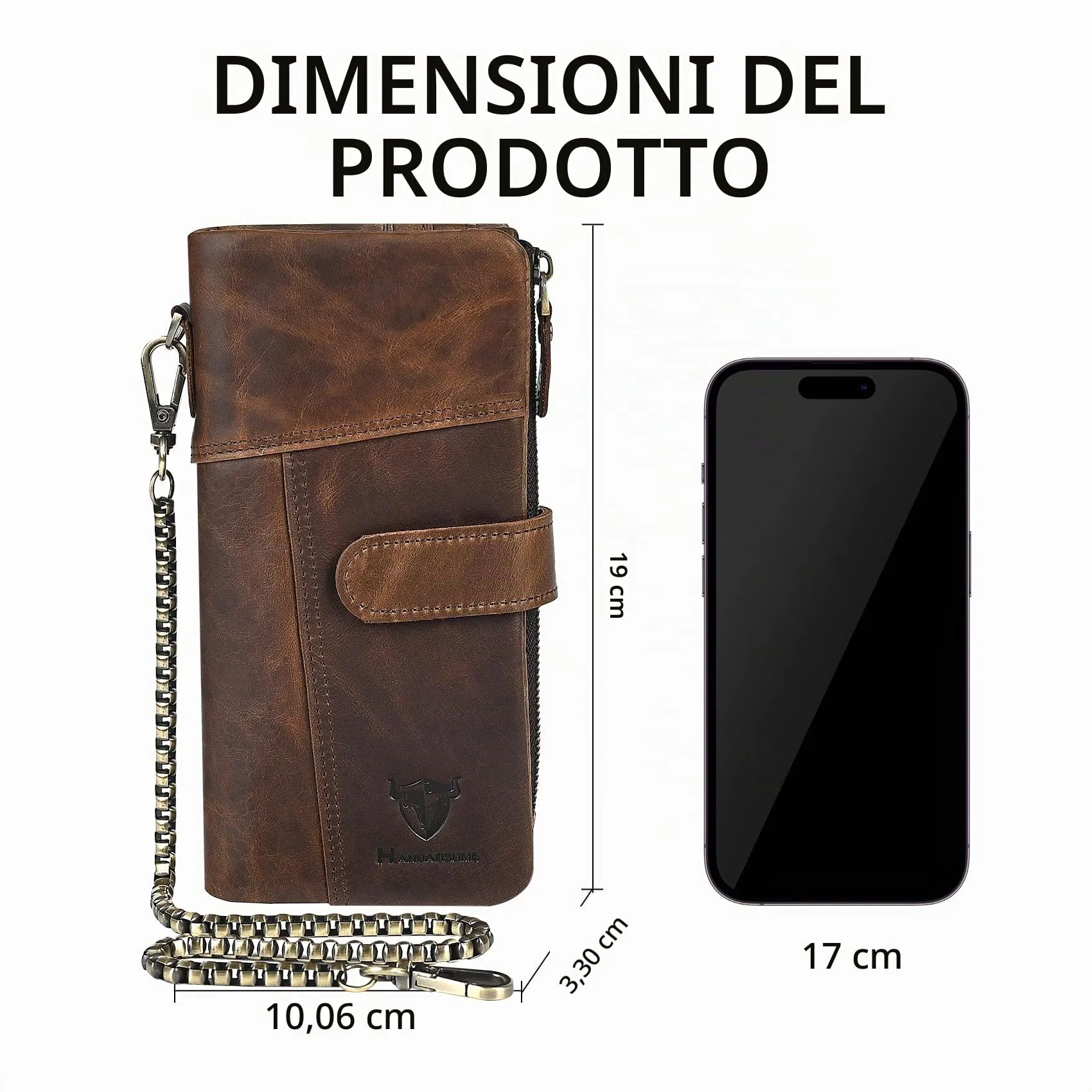 Handadsume Portafoglio in Pelle RFID con Catena e Tasca per Monete per Uomo, Modello 1803, Marrone Chiaro - immagine 3