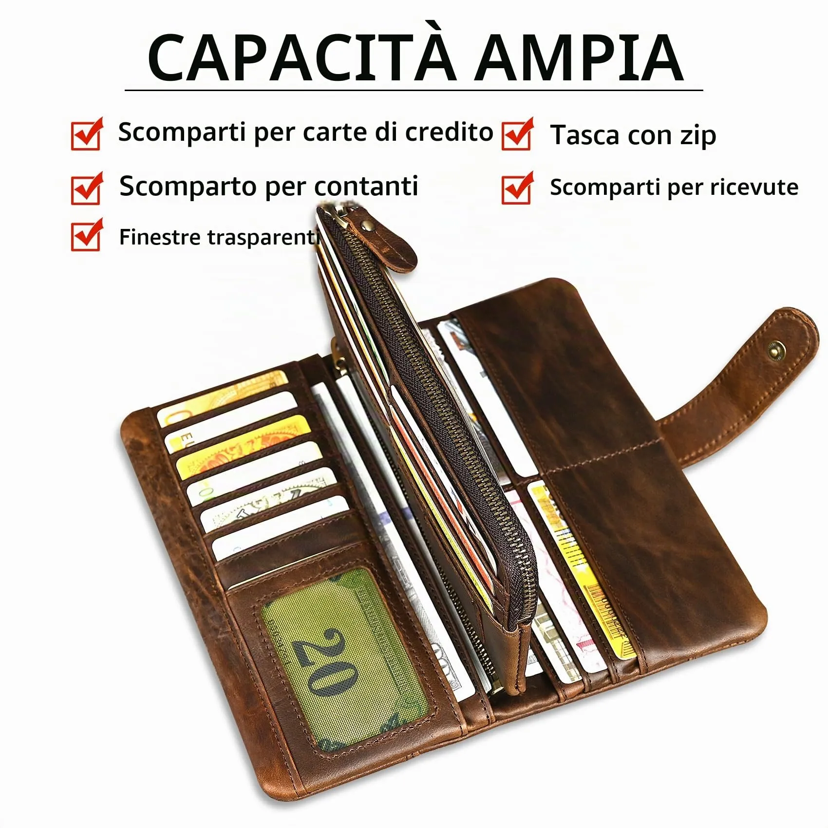 Handadsume Portafoglio in Pelle RFID con Catena e Tasca per Monete per Uomo, Modello 1803, Marrone Chiaro - immagine 4