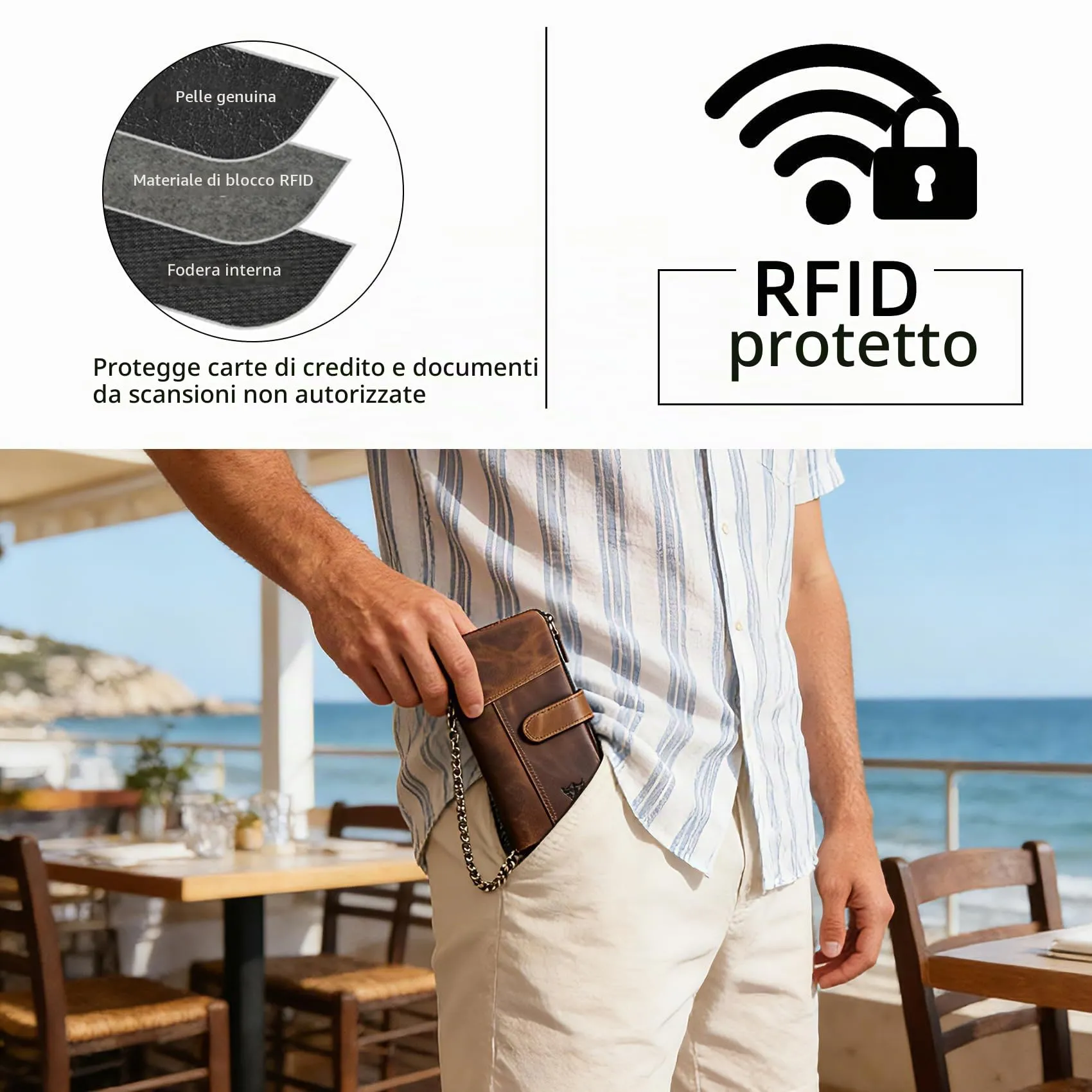 Handadsume Portafoglio in Pelle RFID con Catena e Tasca per Monete per Uomo, Modello 1803, Marrone Chiaro - immagine 6
