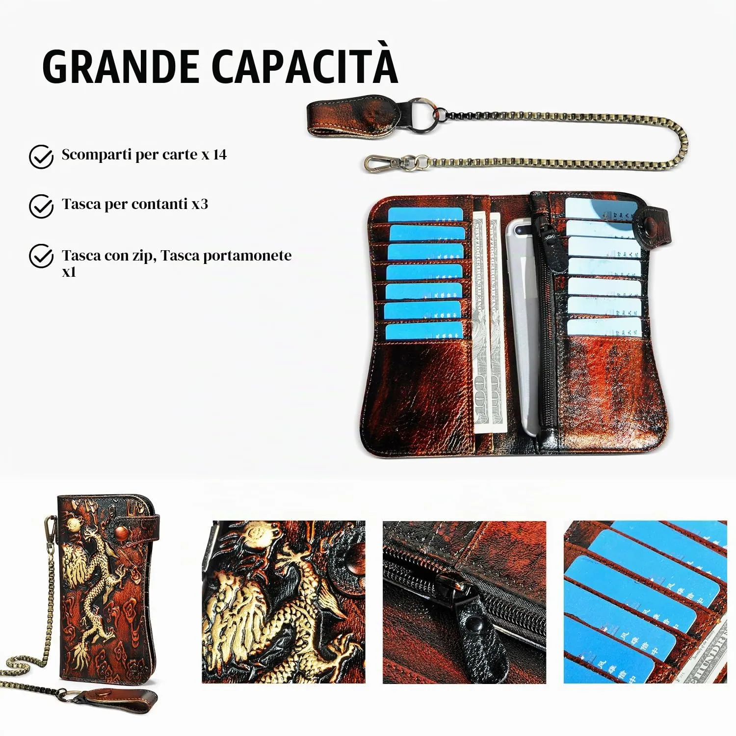 Handadsume Portafoglio in Pelle Rfid con Catena e Tasca per Monete per Uomo 1803 (W-1088- Arancione - Drago) - immagine 4