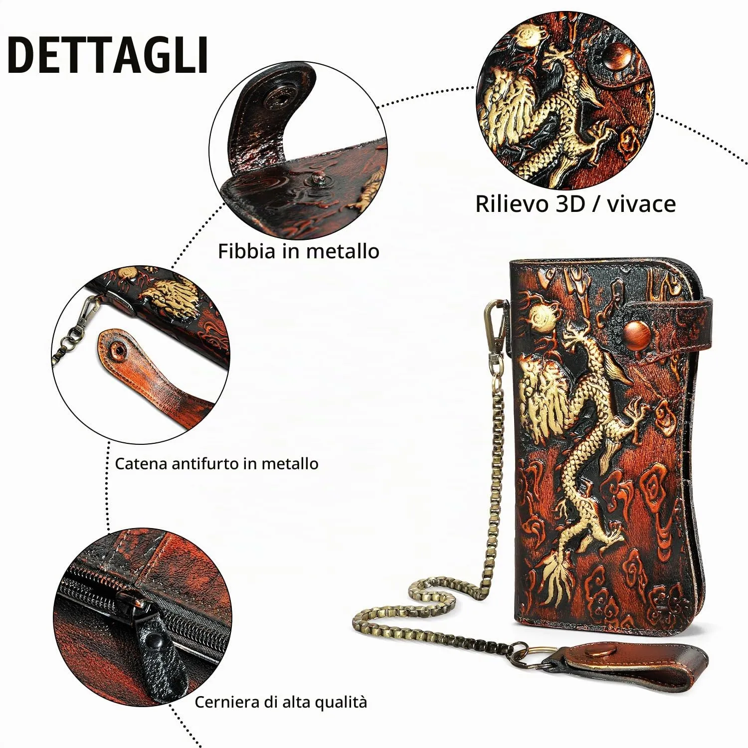 Handadsume Portafoglio in Pelle Rfid con Catena e Tasca per Monete per Uomo 1803 (W-1088- Arancione - Drago) - immagine 6