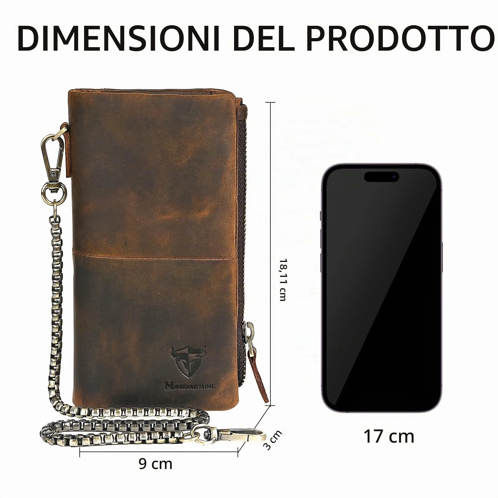 Handadsume Portafoglio in Cuoio Genuino con Blocco RFID e Catena per Uomo 1803 (W-1029- Marrone 2) - immagine 3
