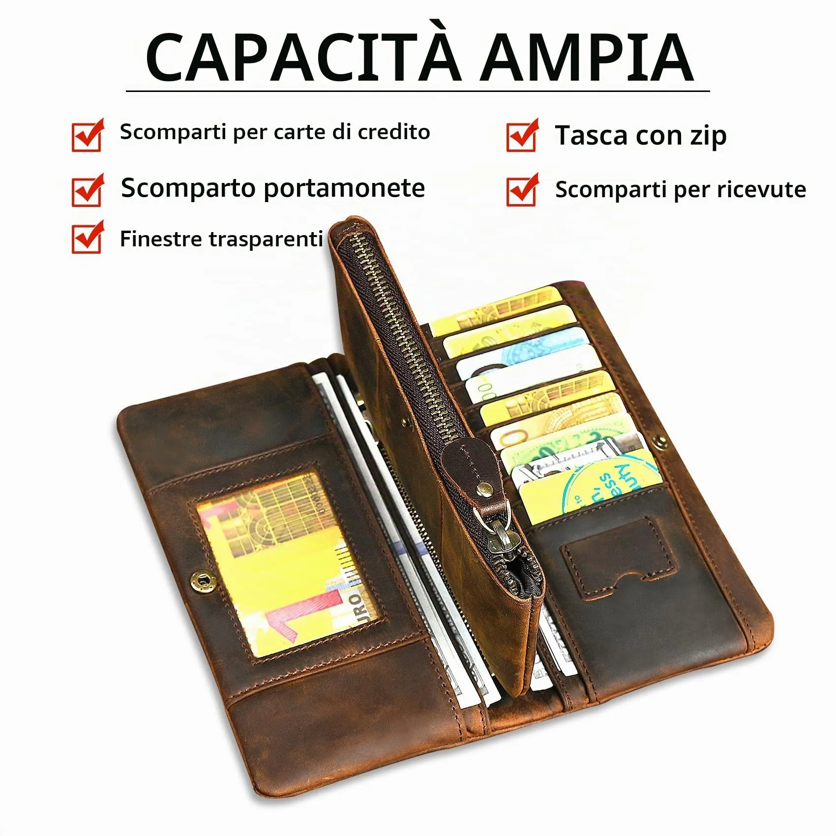 Handadsume Portafoglio in Cuoio Genuino con Blocco RFID e Catena per Uomo 1803 (W-1029- Marrone 2) - immagine 4