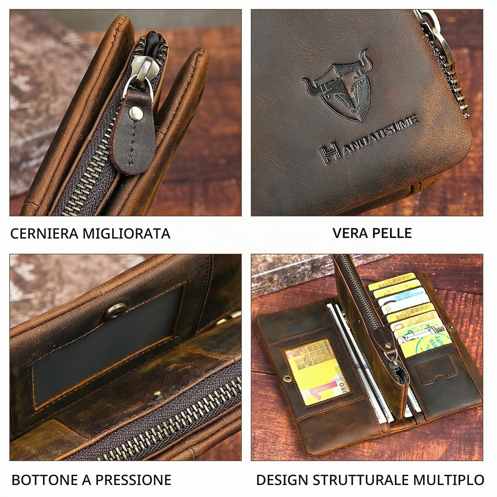 Handadsume Portafoglio in Cuoio Genuino con Blocco RFID e Catena per Uomo 1803 (W-1029- Marrone 2) - immagine 5