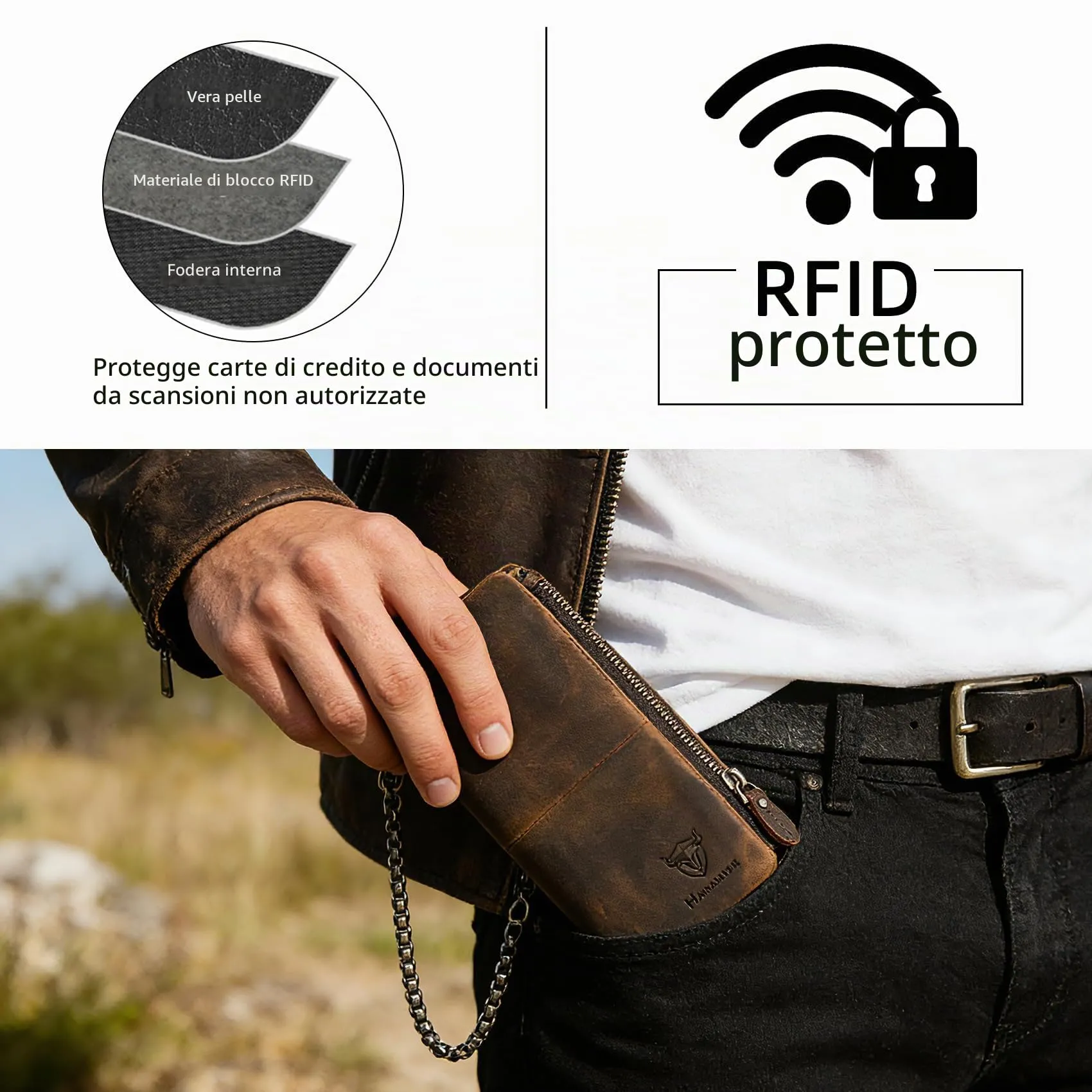 Handadsume Portafoglio in Cuoio Genuino con Blocco RFID e Catena per Uomo 1803 (W-1029- Marrone 2) - immagine 7