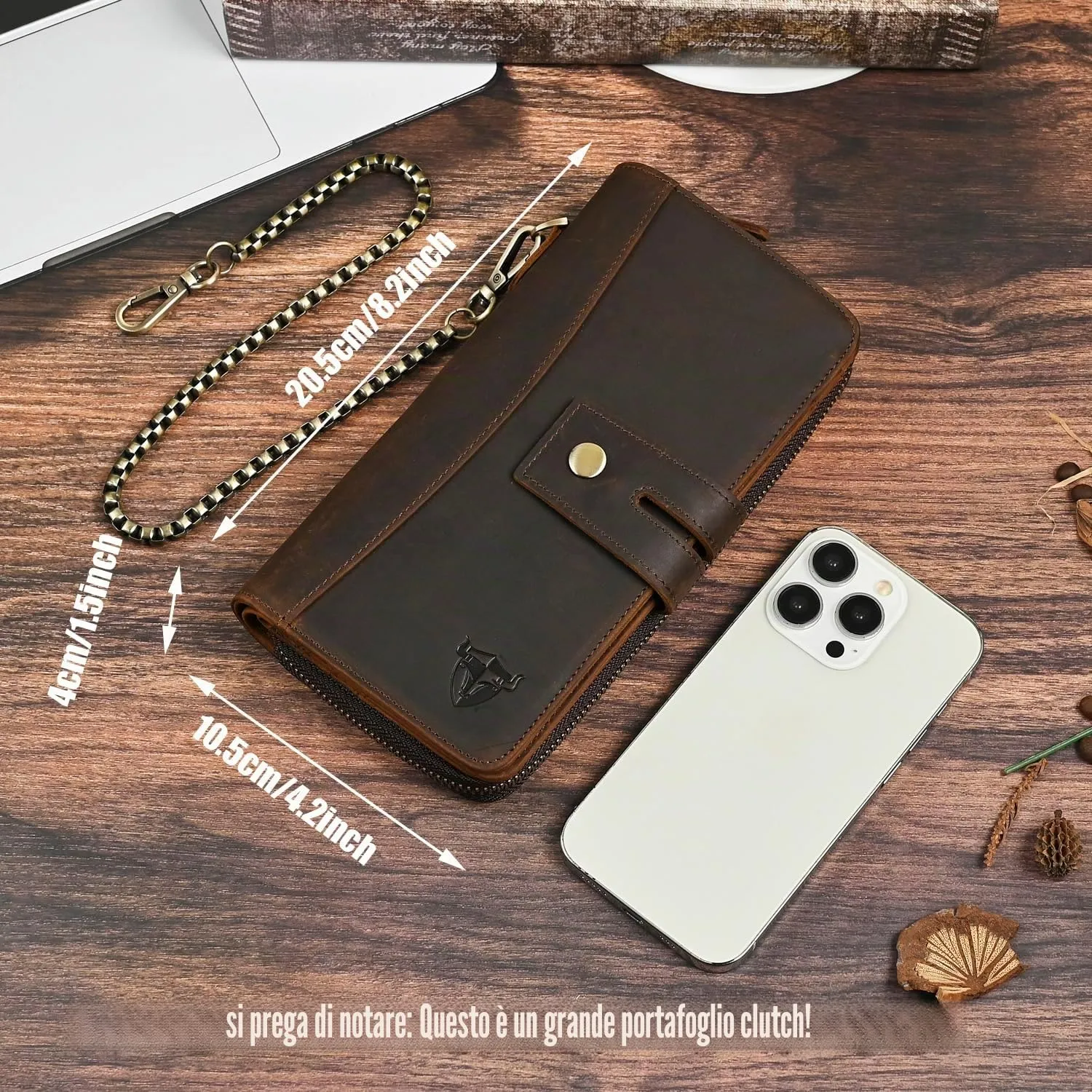 Handadsume Portafoglio in Pelle RFID con Catena e Tasca per Monete per Uomo 1803 (1814 Marrone) - immagine 2