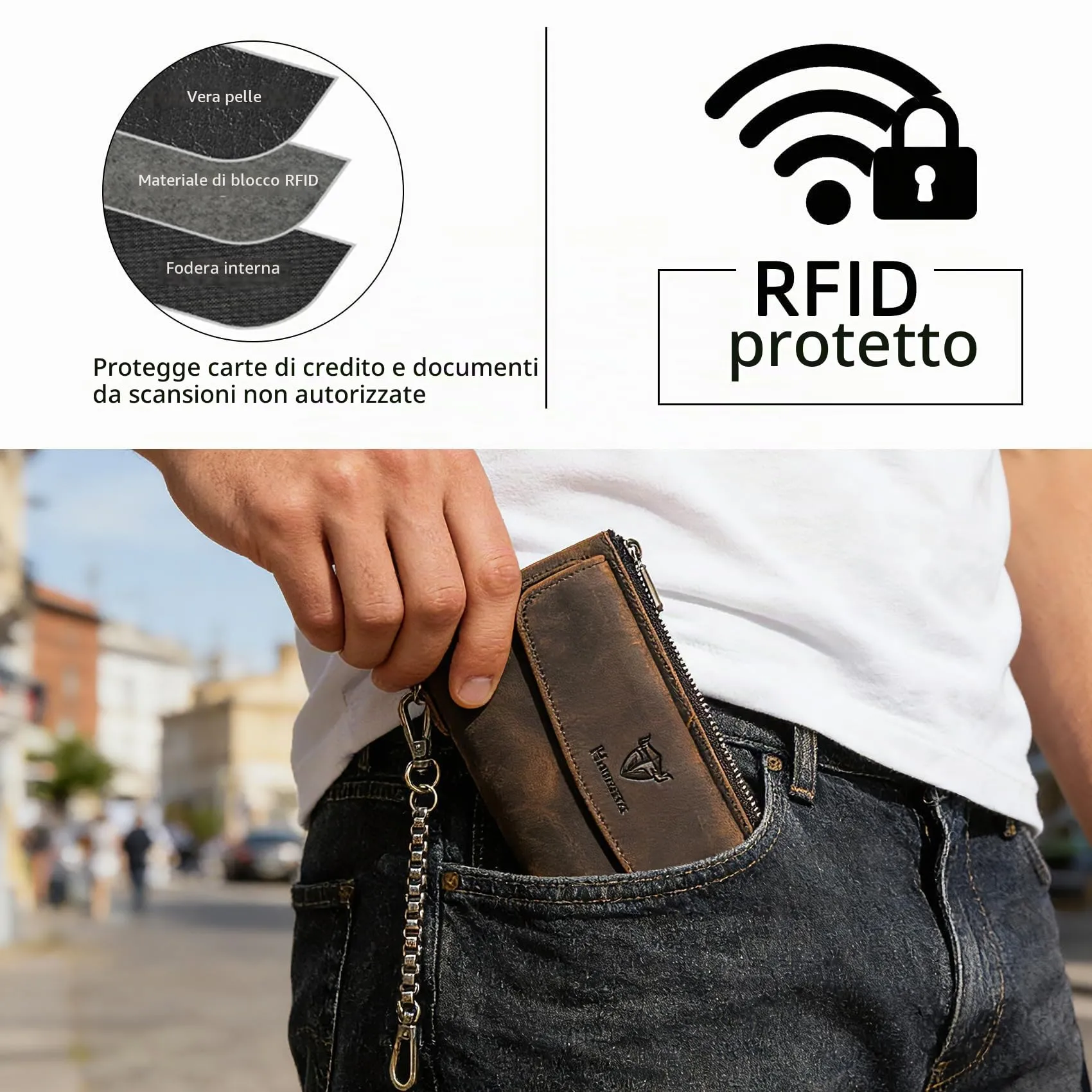 Handadsume Portafoglio in Cuoio Genuino RFID con Catena e Tasca per Monete per Uomo, Modello 1803 Argento - immagine 4