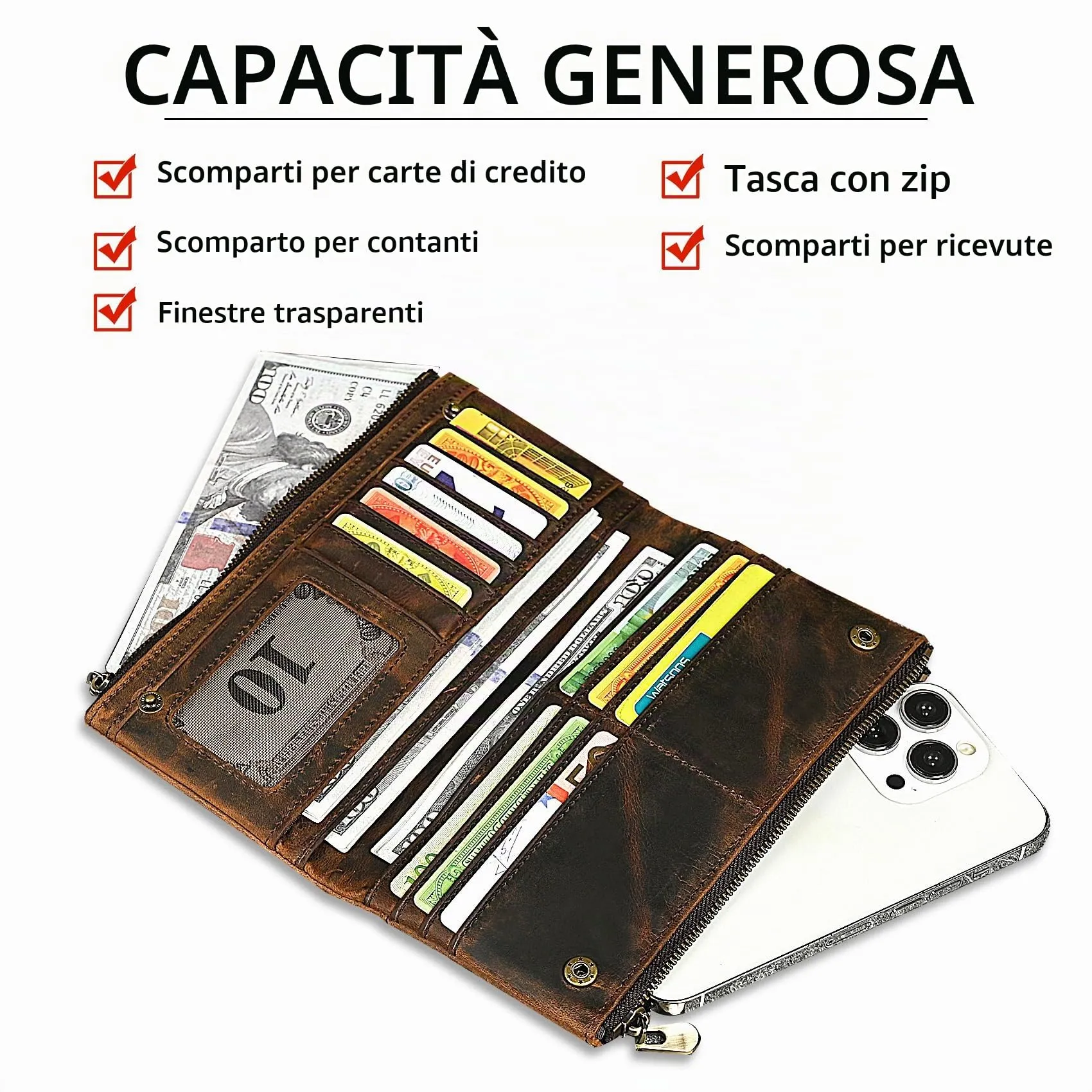 Handadsume Portafoglio in Cuoio Genuino RFID con Catena e Tasca per Monete per Uomo, Modello 1803 Argento - immagine 5
