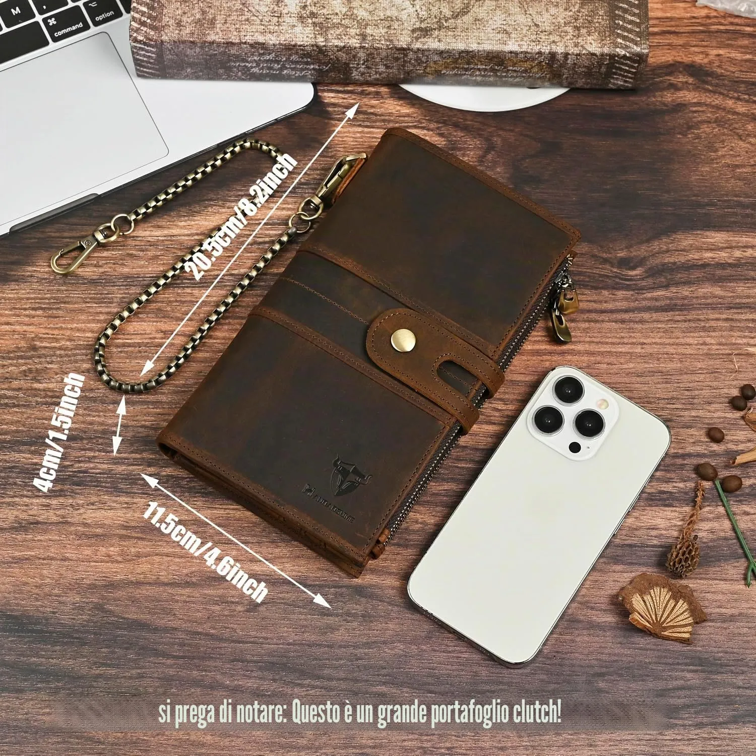 Handadsume Portafoglio Lungo in Vera Pelle Crazy Horse con Catena, Fibbia e RFID per Uomo 1803 - immagine 3