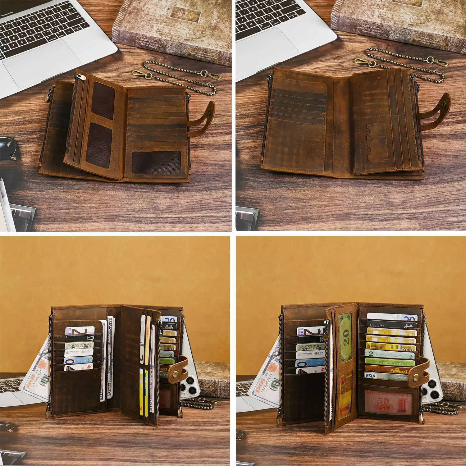 Handadsume Portafoglio Lungo in Vera Pelle Crazy Horse con Catena, Fibbia e RFID per Uomo 1803 - immagine 7