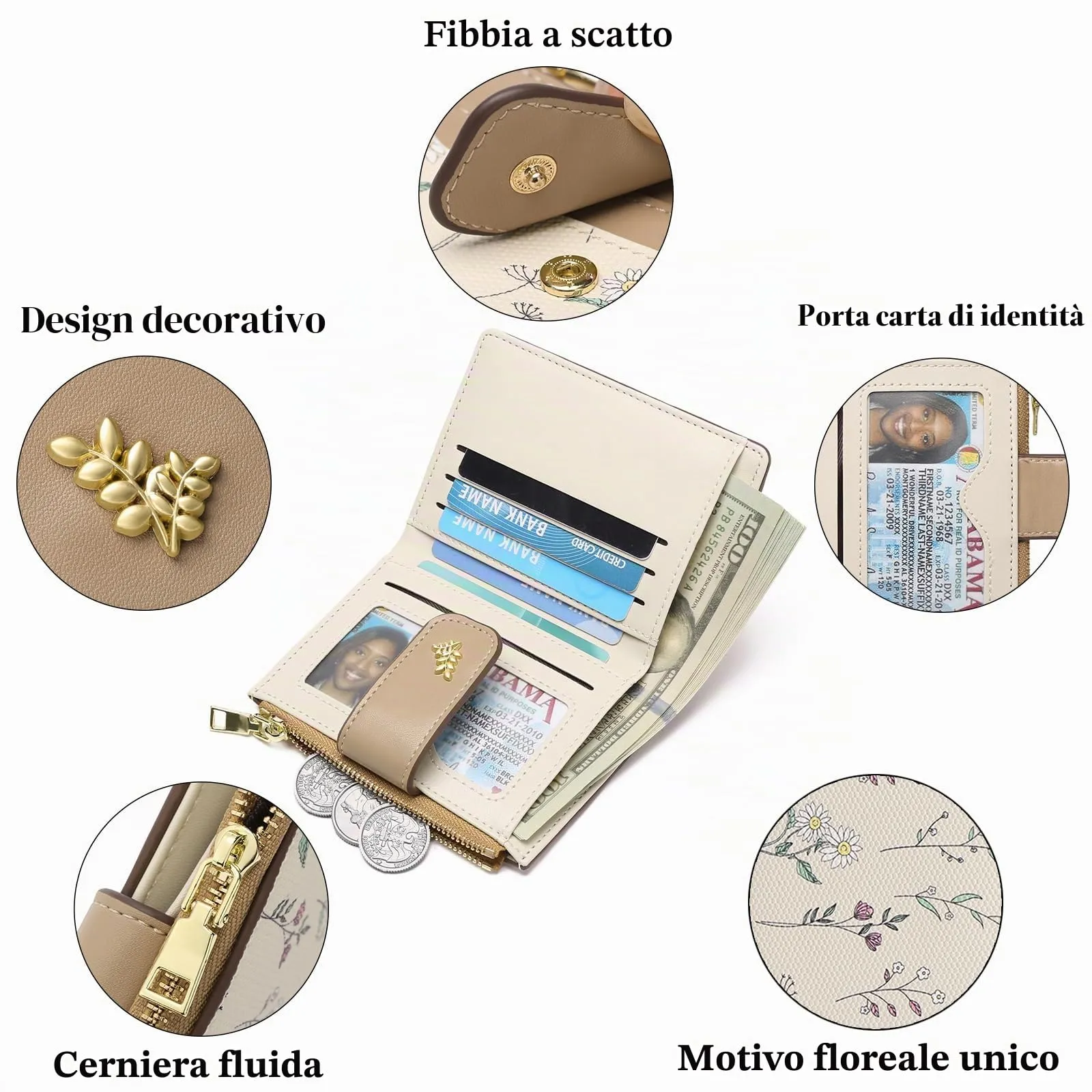 GAEKEAO Portafoglio Piccolo da Donna in Pelle, Bifold Sottile con RFID, Porta Carte, Tasca con Zip per Monete e Finestra ID - immagine 5