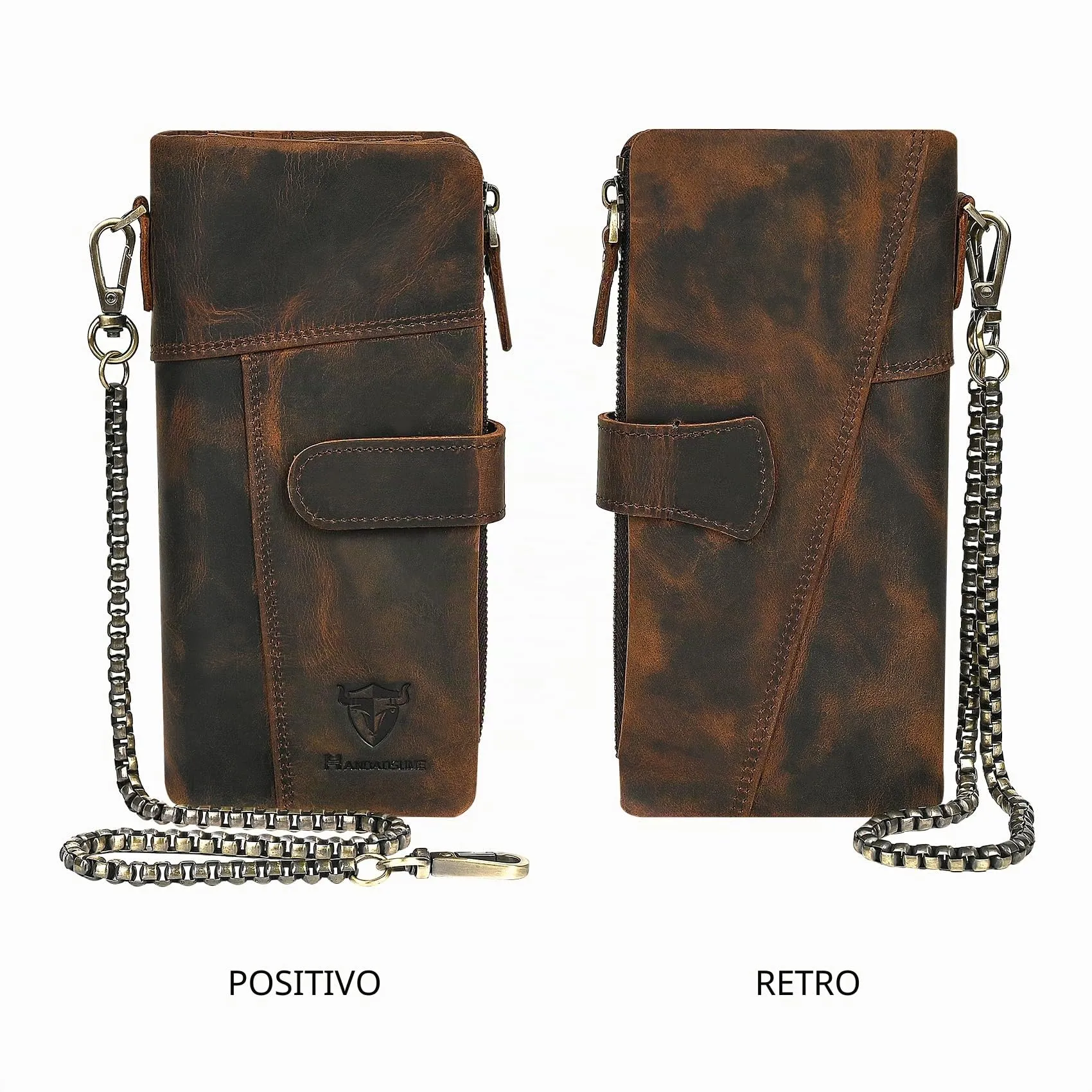 Handadsume Crazy Horse Pelle Portafoglio Lungo con Catena Rfid e Tasca Monete Rimovibile per Uomo 1803B-Marrone - immagine 2
