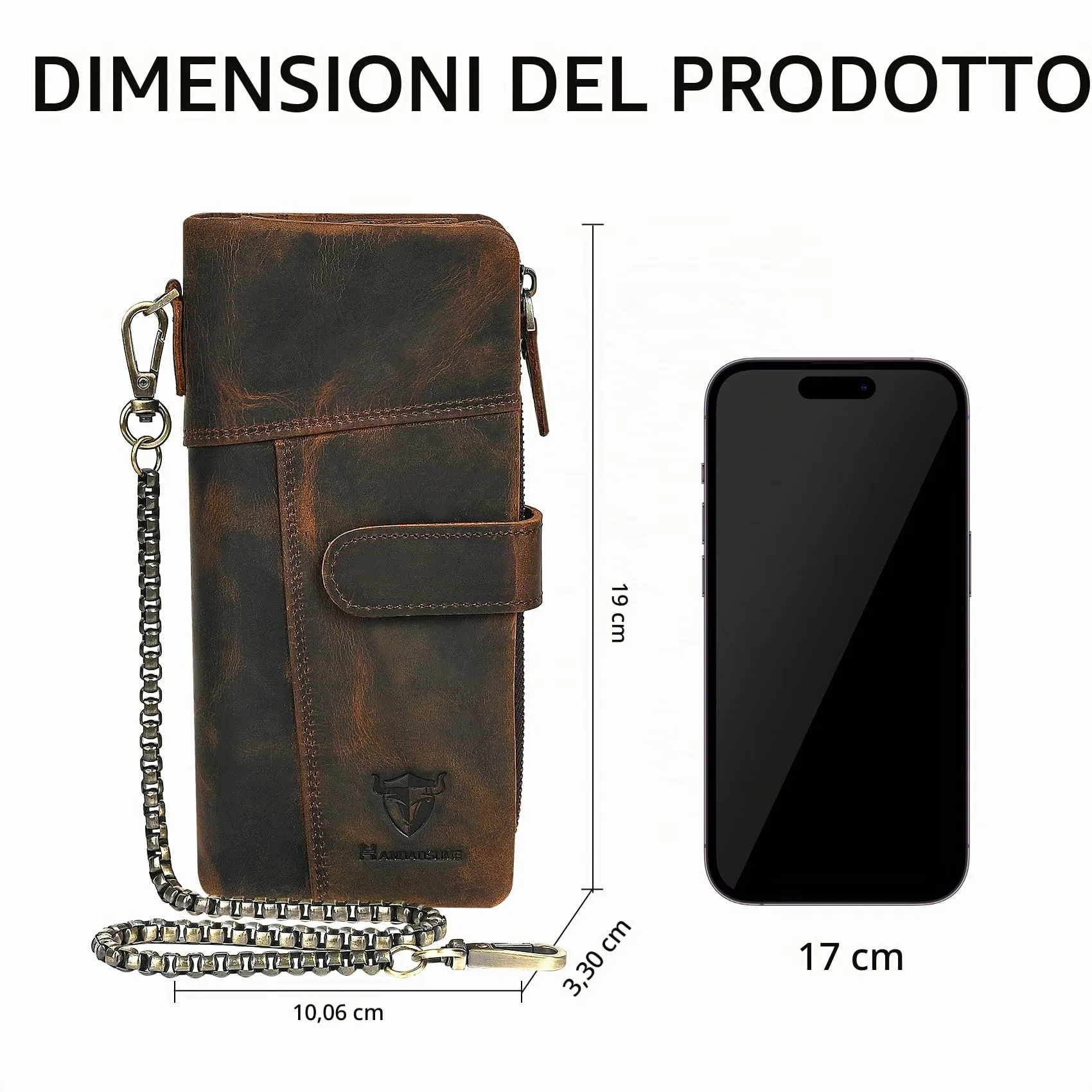 Handadsume Crazy Horse Pelle Portafoglio Lungo con Catena Rfid e Tasca Monete Rimovibile per Uomo 1803B-Marrone - immagine 3