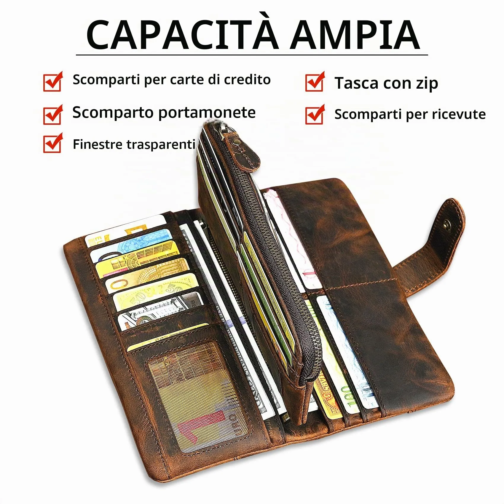 Handadsume Crazy Horse Pelle Portafoglio Lungo con Catena Rfid e Tasca Monete Rimovibile per Uomo 1803B-Marrone - immagine 4
