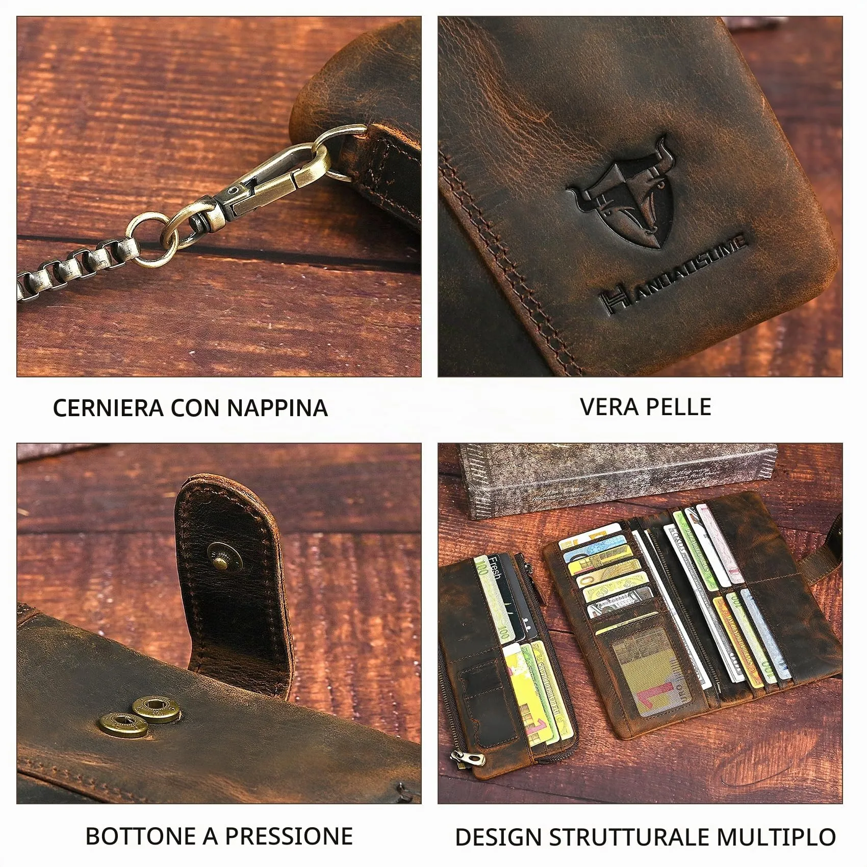 Handadsume Crazy Horse Pelle Portafoglio Lungo con Catena Rfid e Tasca Monete Rimovibile per Uomo 1803B-Marrone - immagine 5