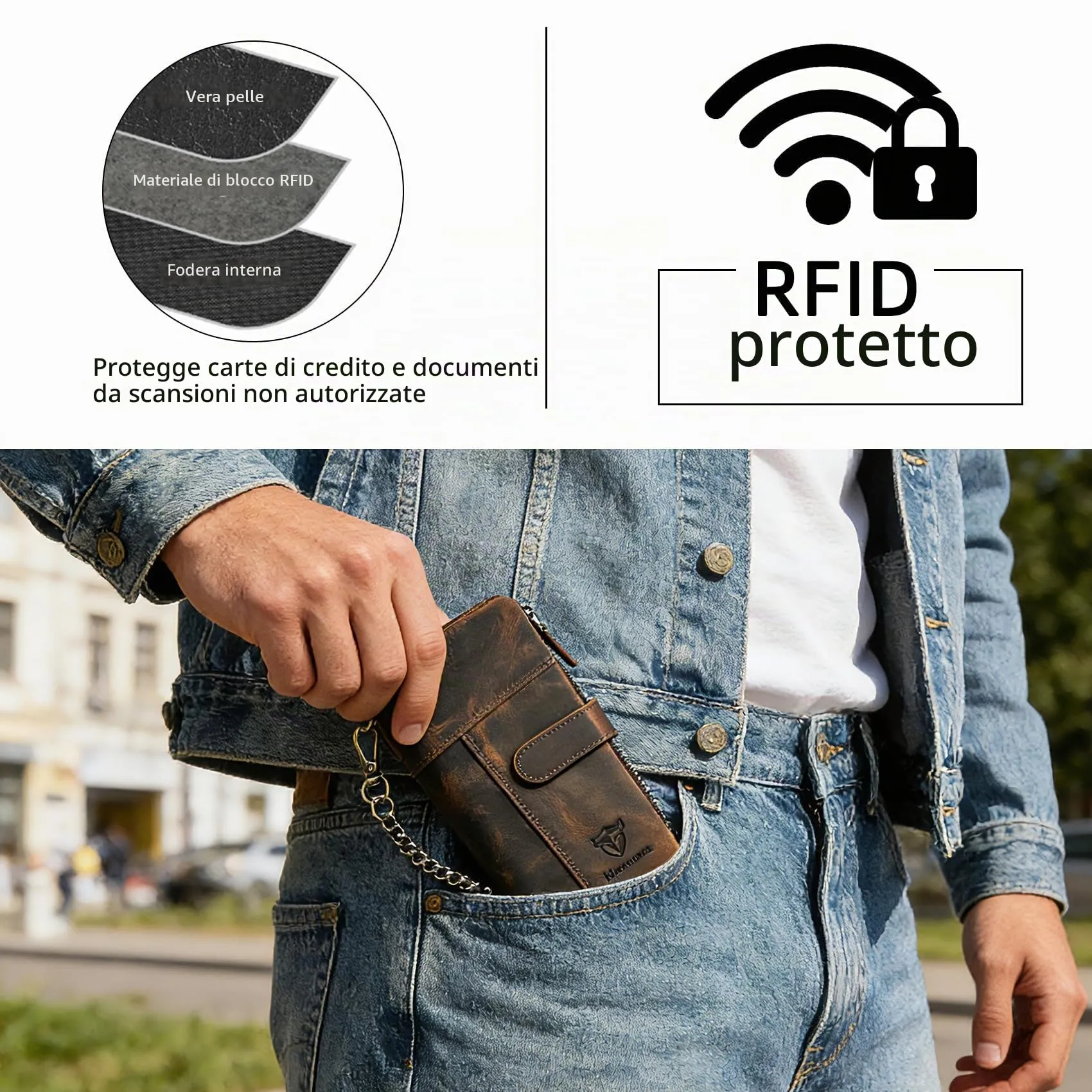 Handadsume Crazy Horse Pelle Portafoglio Lungo con Catena Rfid e Tasca Monete Rimovibile per Uomo 1803B-Marrone - immagine 7