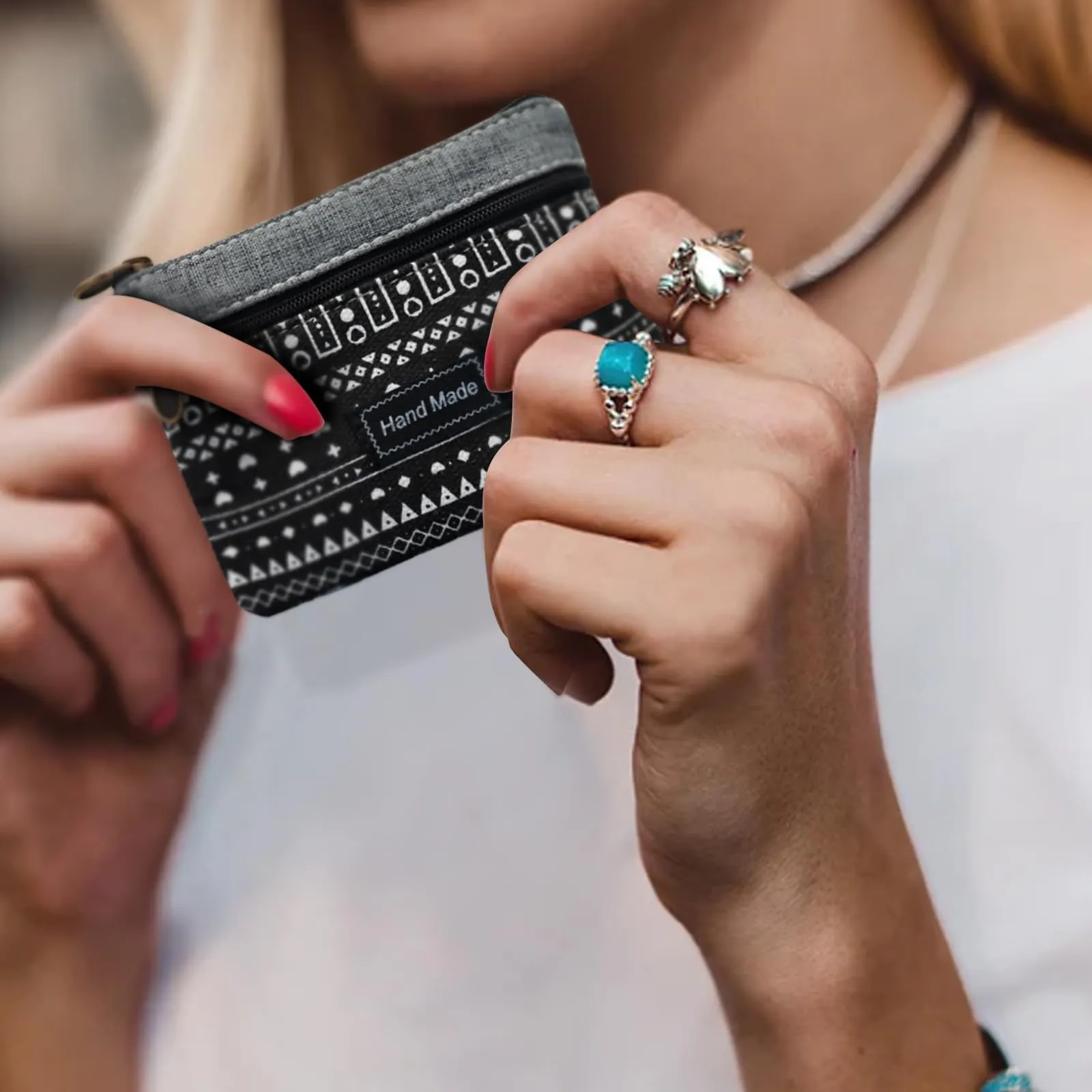AfitLulu Piccolo Portafoglio Donna in Tela Stile Bohémien con Chiusura Lampo, Blu - immagine 5