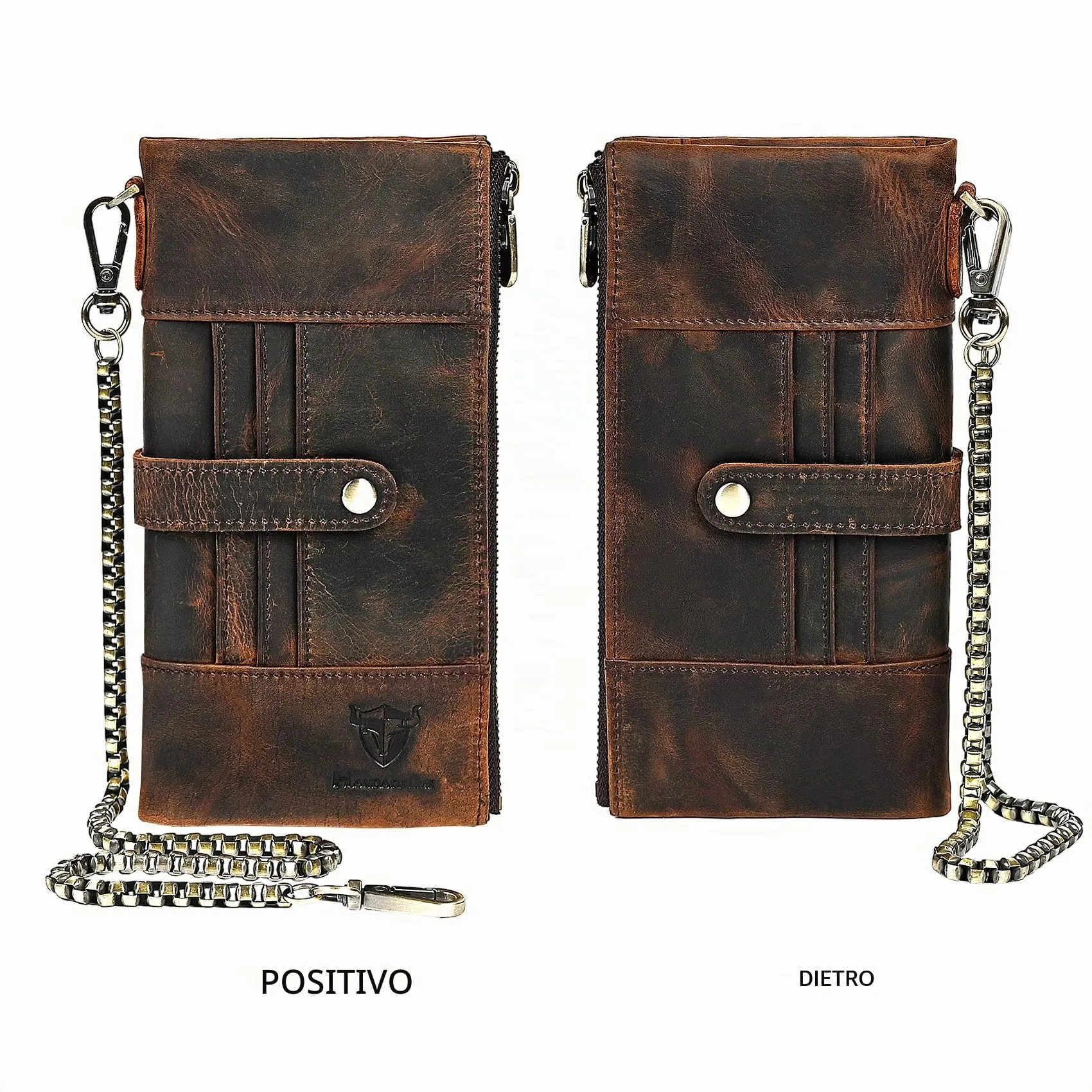 Handadsume Portafoglio in Vera Pelle di Cavallo Pazzo con Blocco RFID, Tasca Portamonete e Porta Carte, Organizer Lungo con Catena - immagine 2