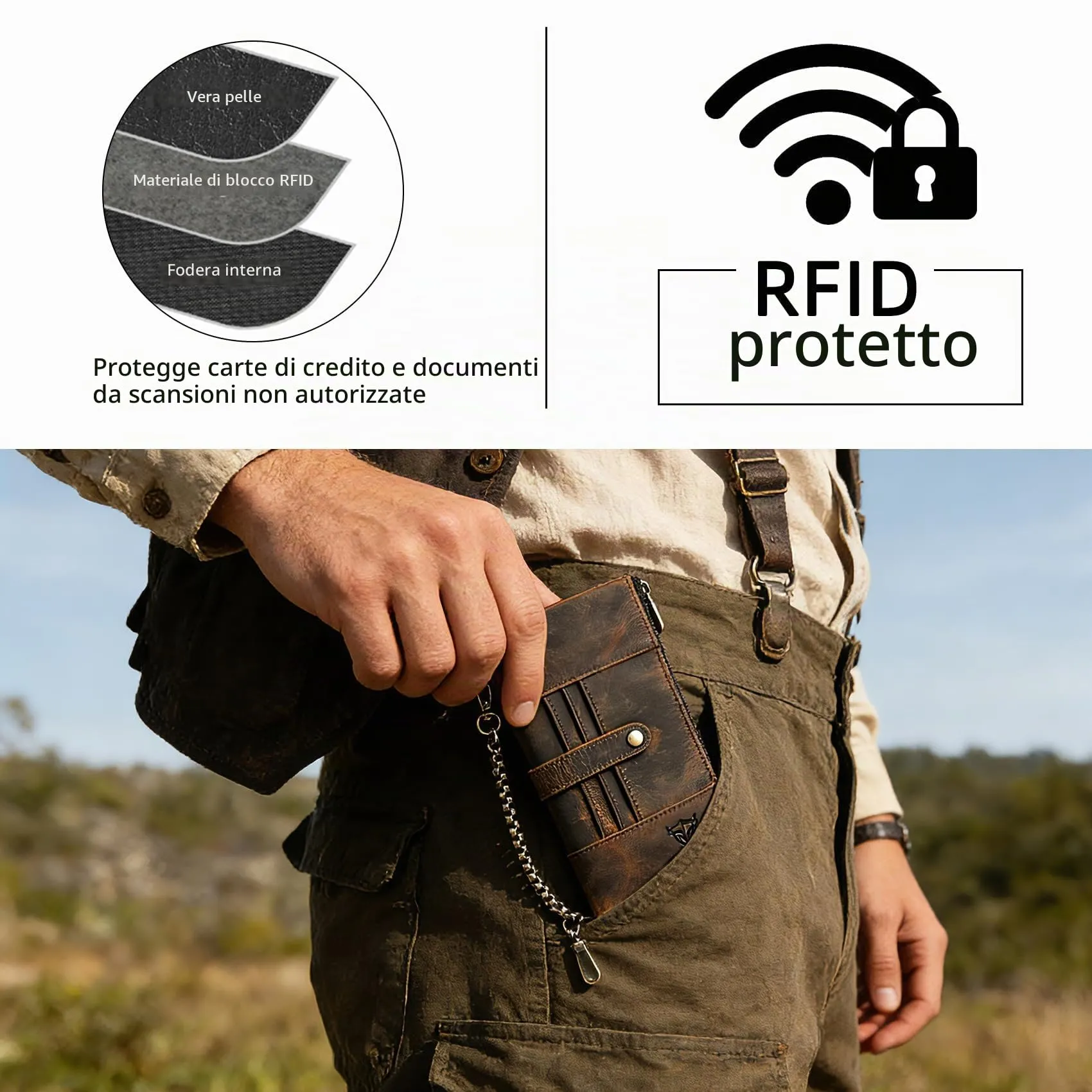 Handadsume Portafoglio in Vera Pelle di Cavallo Pazzo con Blocco RFID, Tasca Portamonete e Porta Carte, Organizer Lungo con Catena - immagine 3