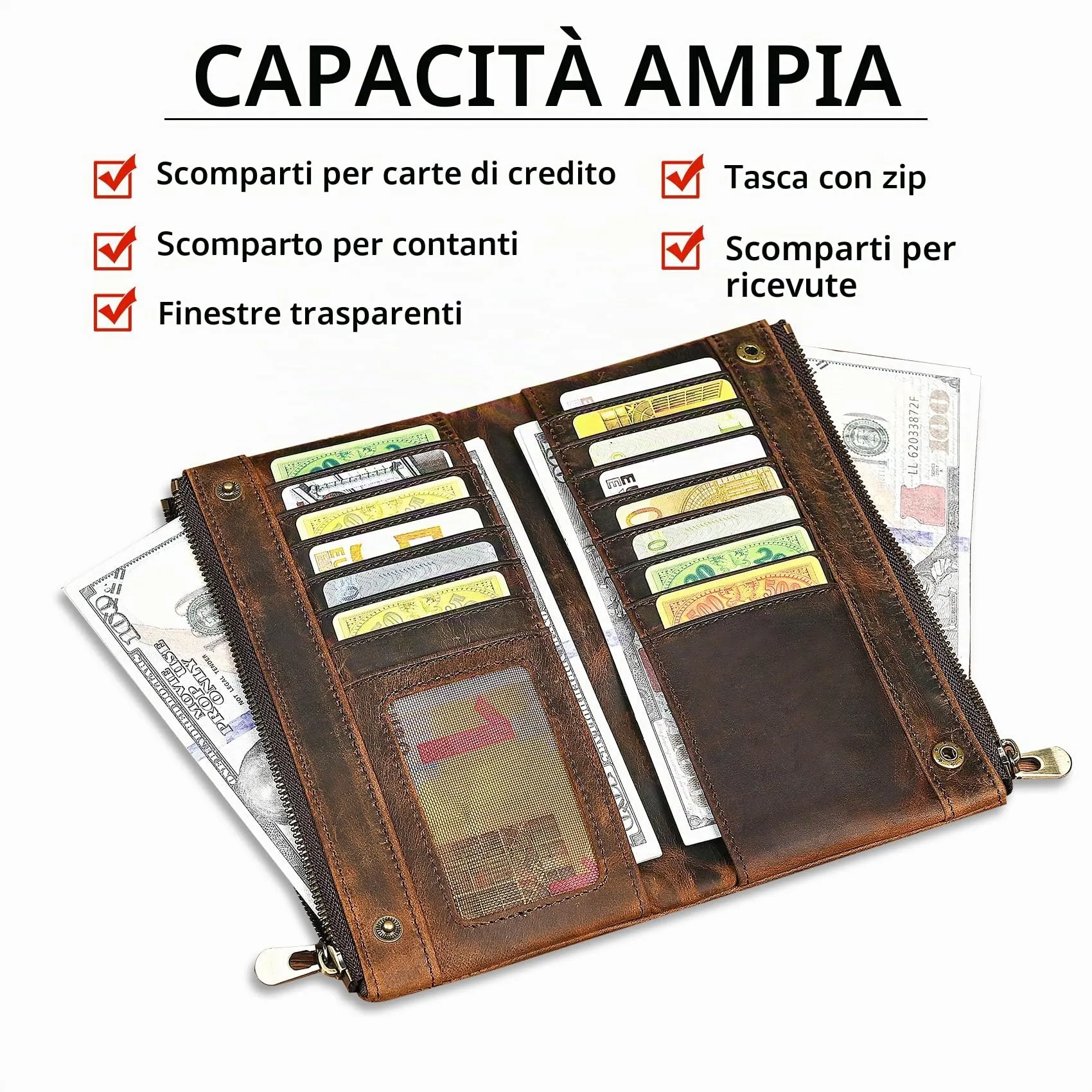 Handadsume Portafoglio in Vera Pelle di Cavallo Pazzo con Blocco RFID, Tasca Portamonete e Porta Carte, Organizer Lungo con Catena - immagine 4