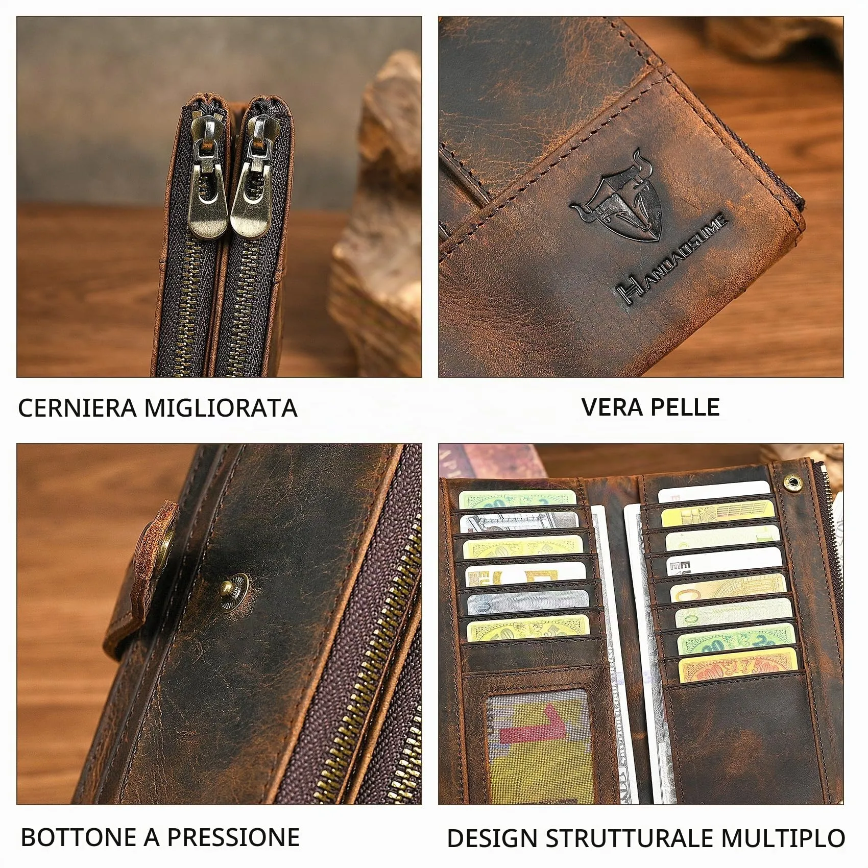 Handadsume Portafoglio in Vera Pelle di Cavallo Pazzo con Blocco RFID, Tasca Portamonete e Porta Carte, Organizer Lungo con Catena - immagine 5