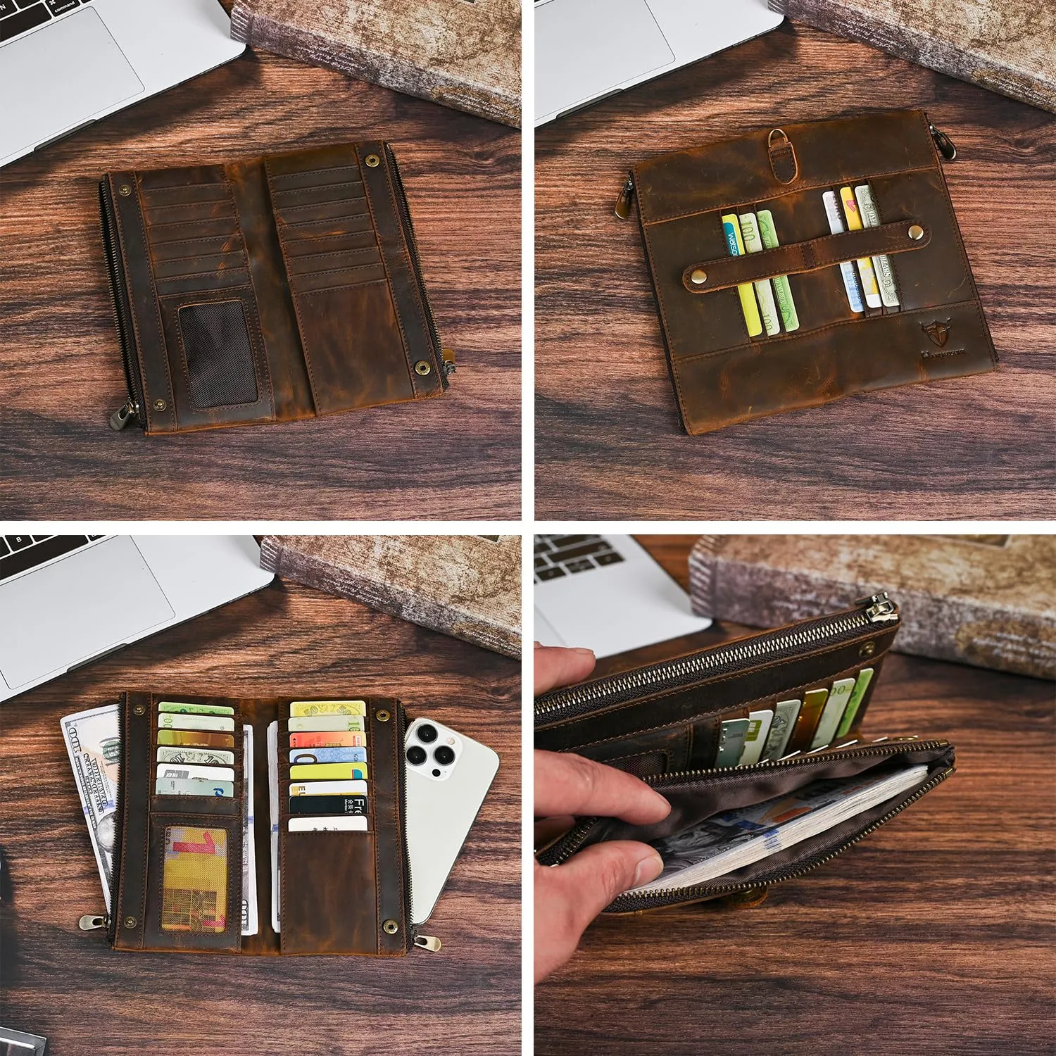 Handadsume Portafoglio in Vera Pelle di Cavallo Pazzo con Blocco RFID, Tasca Portamonete e Porta Carte, Organizer Lungo con Catena - immagine 7