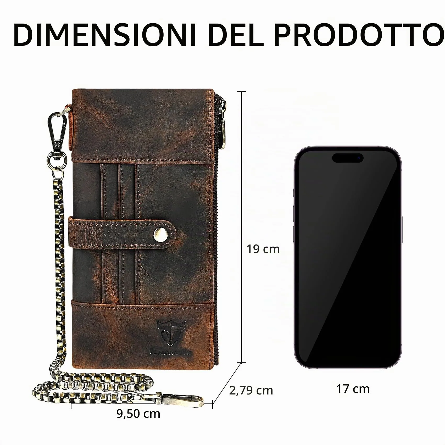 Handadsume Portafoglio in Vera Pelle di Cavallo Pazzo con Blocco RFID, Tasca Portamonete e Porta Carte, Organizer Lungo con Catena - immagine 8