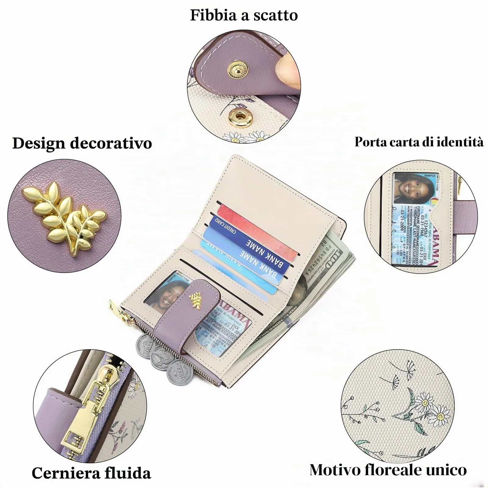 GAEKEAO Portafoglio Piccolo da Donna in Pelle con Blocco RFID, Tasca con Zip e Finestra Documenti - immagine 5