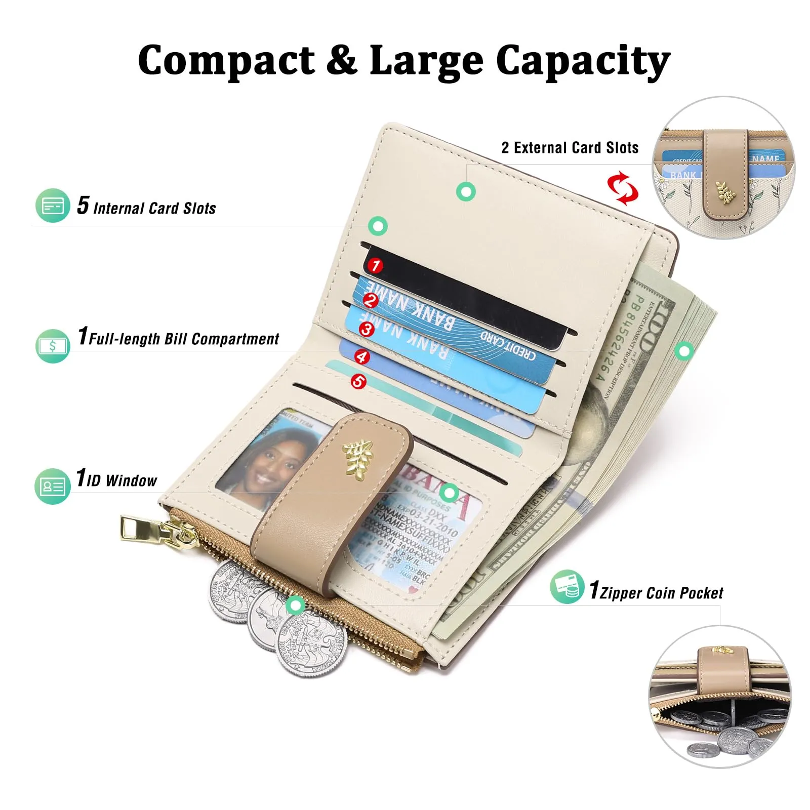 GAEKEAO Portafoglio Donna Piccolo RFID Blocking in Pelle Bifold con Tasca Cerniera e Finestra ID - immagine 6