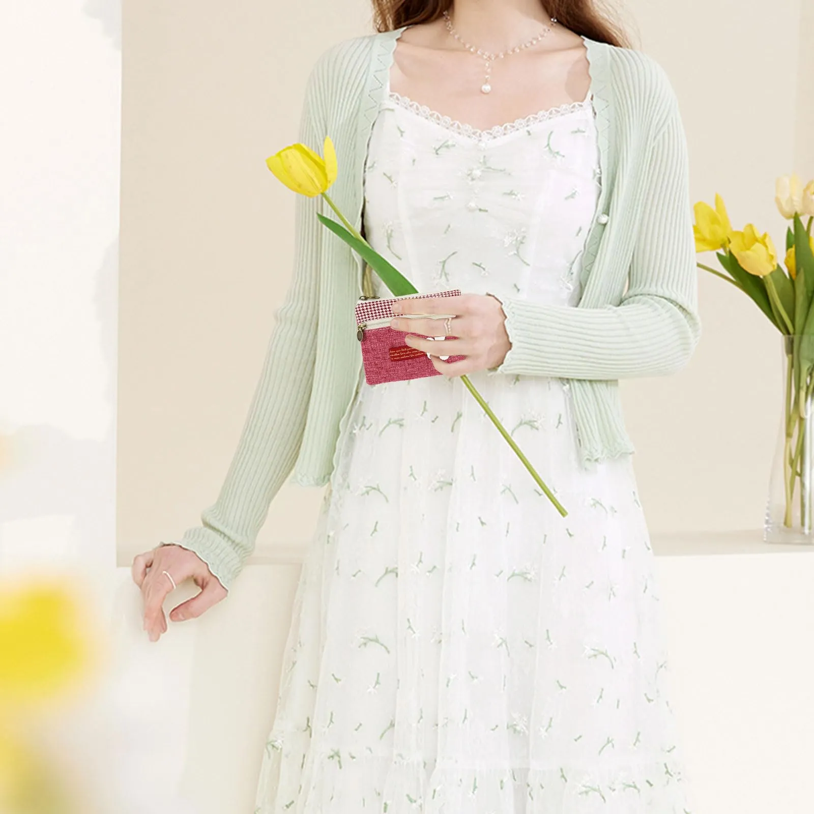AfitLulu Piccolo Portafoglio Donna in Tela Ricamata, 2 Strati con Chiusura Lampo, Stile Bohémien (Fiore-Rosso) - immagine 6