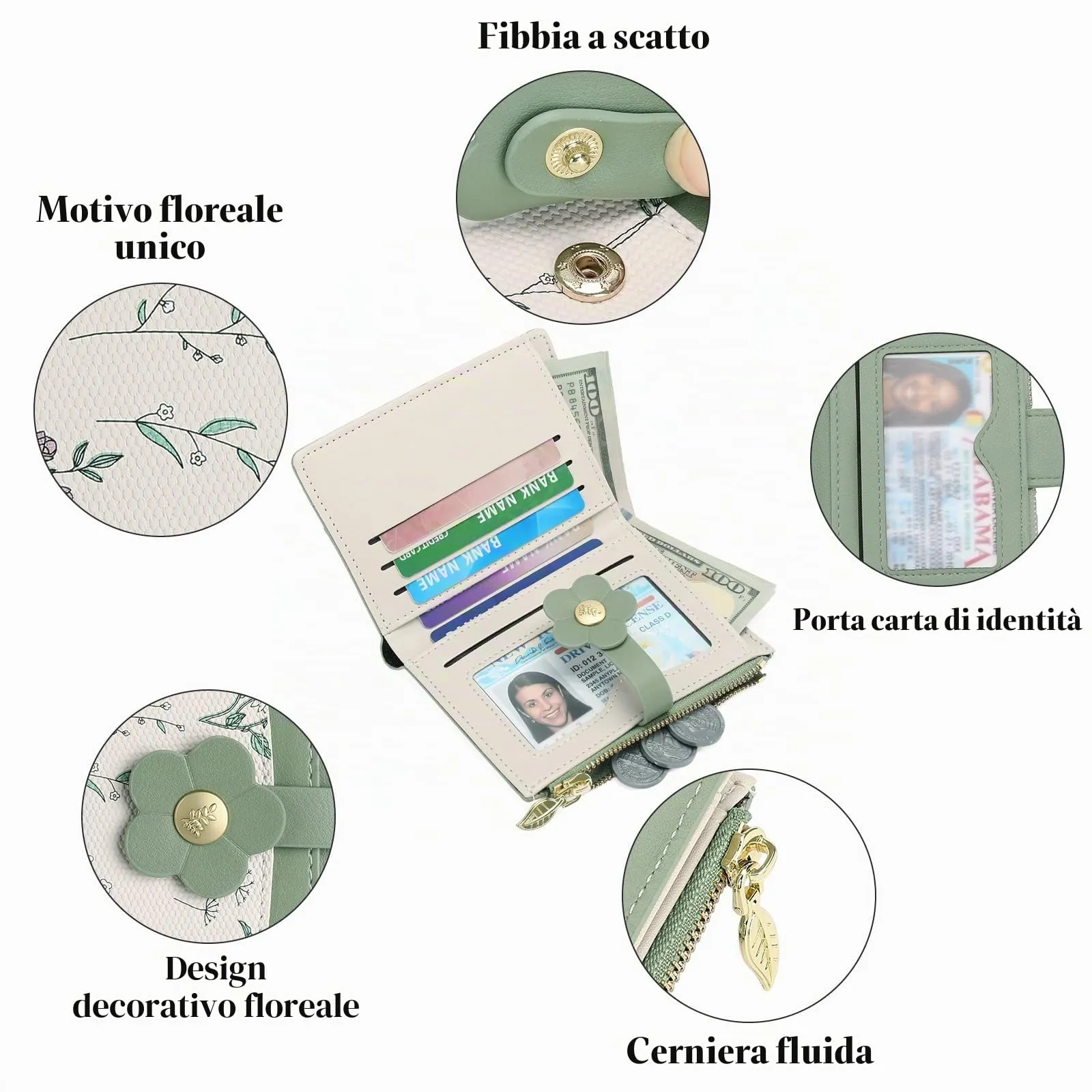 GAEKEAO Portafoglio Donna Piccolo in Pelle con Blocco RFID, Portacarte e Portamonete con Cerniera, Motivo Floreale - immagine 3