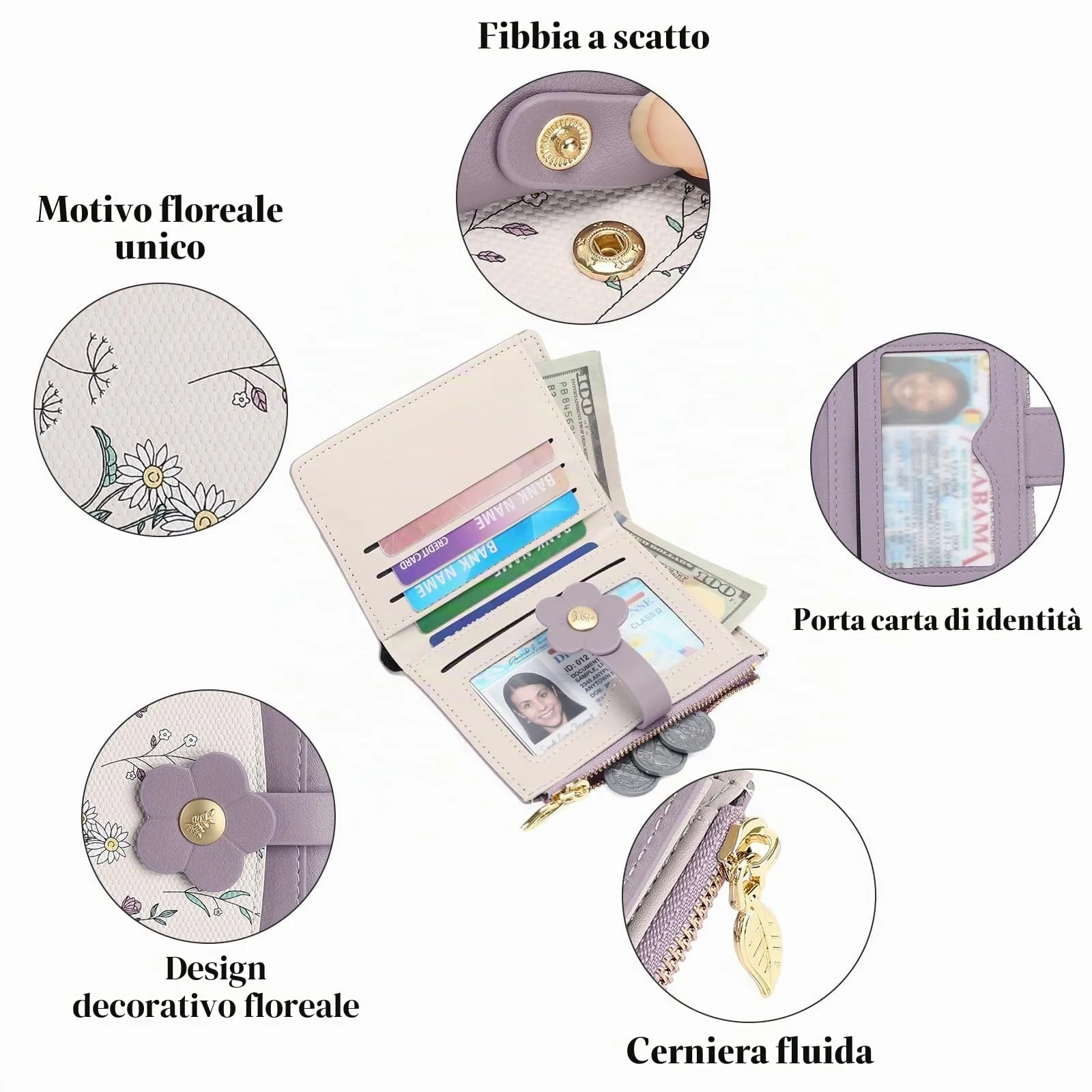 GAEKEAO Portafoglio Donna Piccolo in Pelle con Blocco RFID, Portacarte e Portamonete con Cerniera, Motivo Floreale, Viola - immagine 3