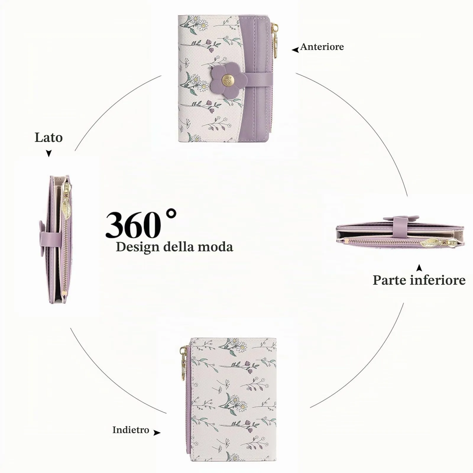 GAEKEAO Portafoglio Donna Piccolo in Pelle con Blocco RFID, Portacarte e Portamonete con Cerniera, Motivo Floreale, Viola - immagine 5