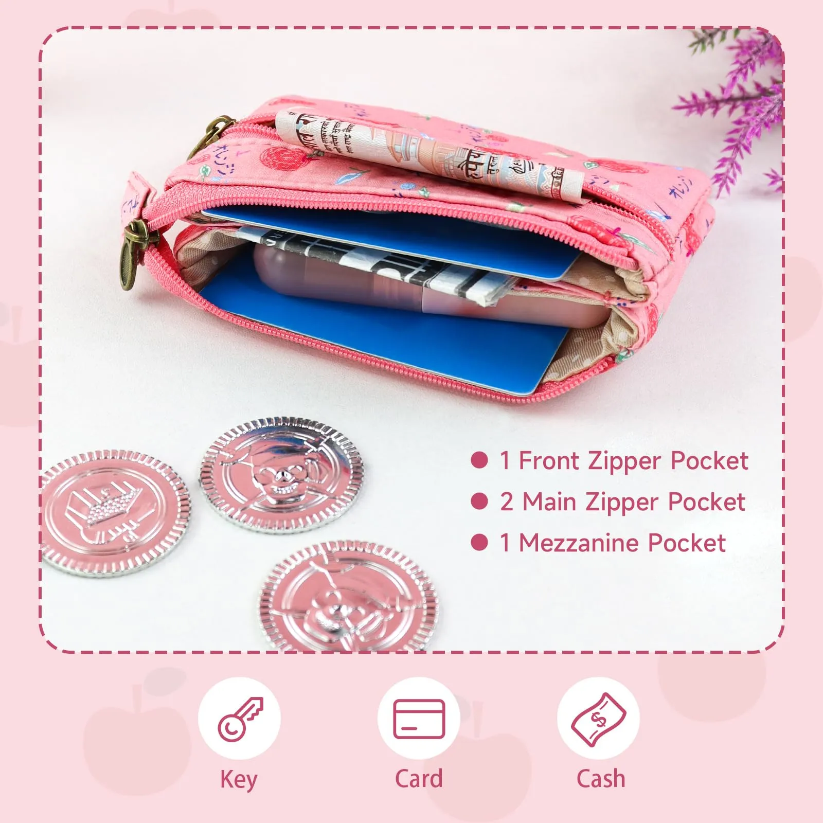AfitLulu Portafoglio Donna Piccolo Mini Fiore con Chiusura Lampo, Rosa - immagine 4