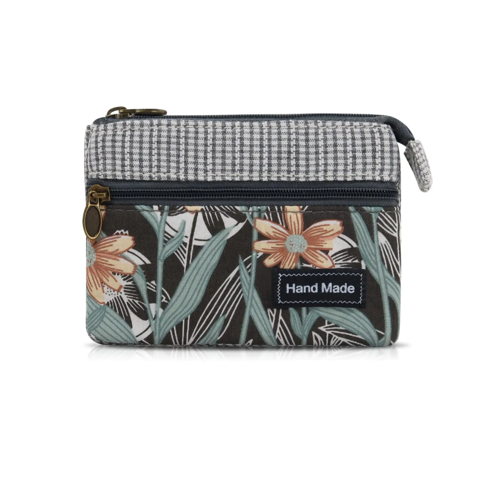 AfitLulu Portafoglio Donna Piccolo Mini Fiore in Tela con Chiusura Lampo, Foglia-Grigia - immagine 1