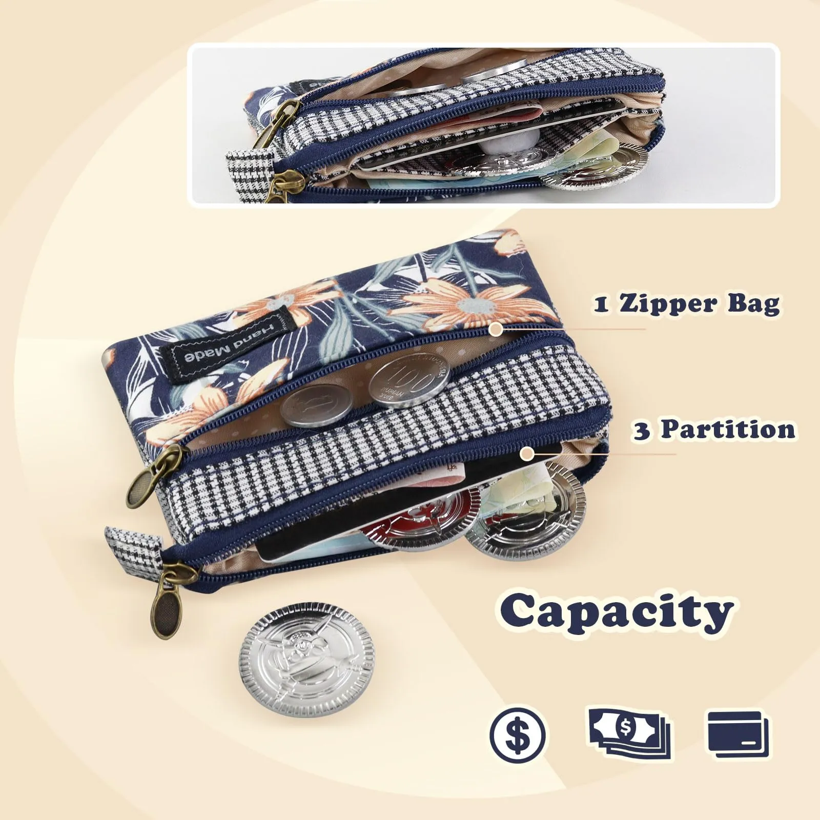 AfitLulu Portafoglio Donna Piccolo Mini Fiore in Tela con Chiusura Lampo, Foglia-Grigia - immagine 4