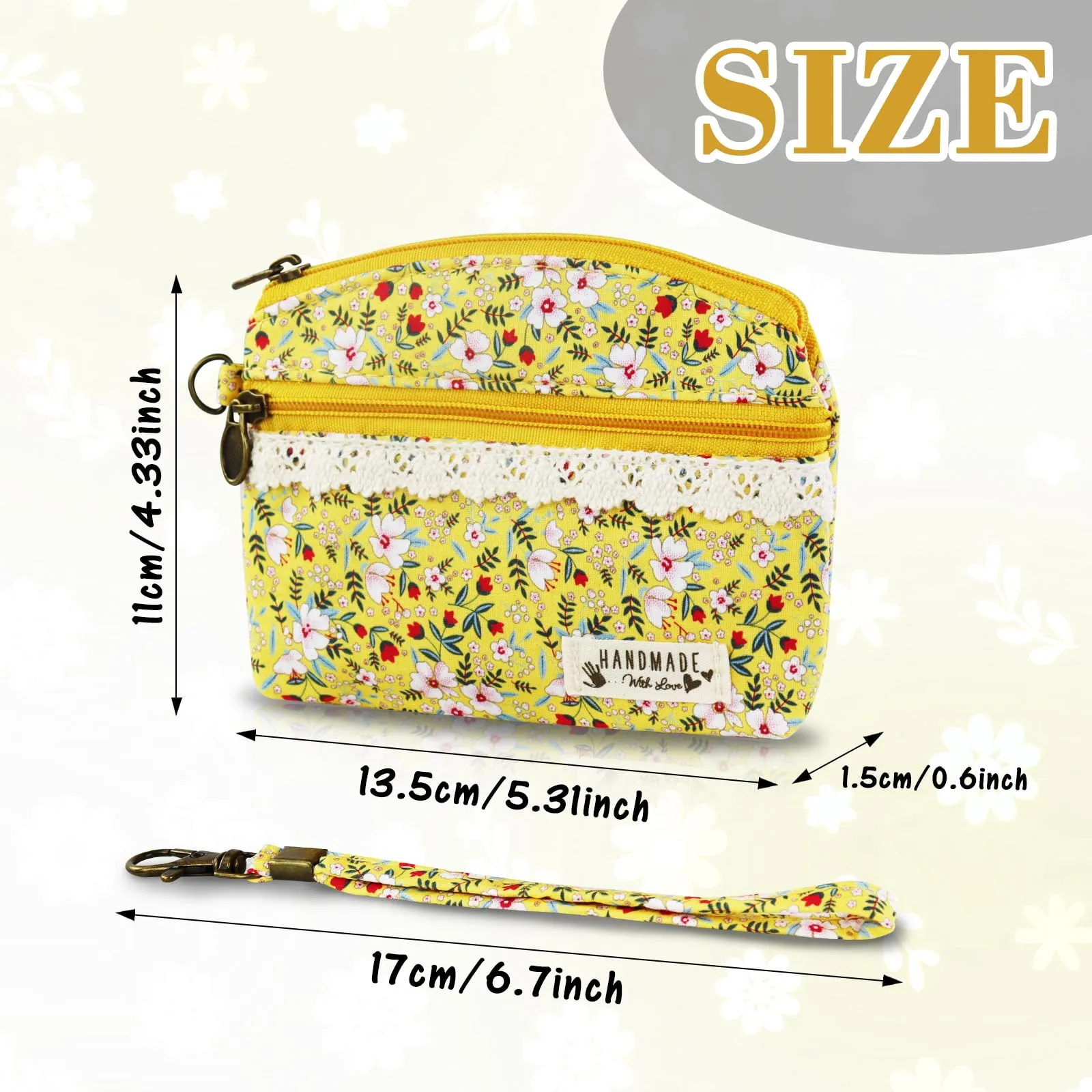 AfitLulu Portafoglio Donna Piccolo Mini Fiore con Chiusura Lampo e Cordino, Giallo - immagine 2